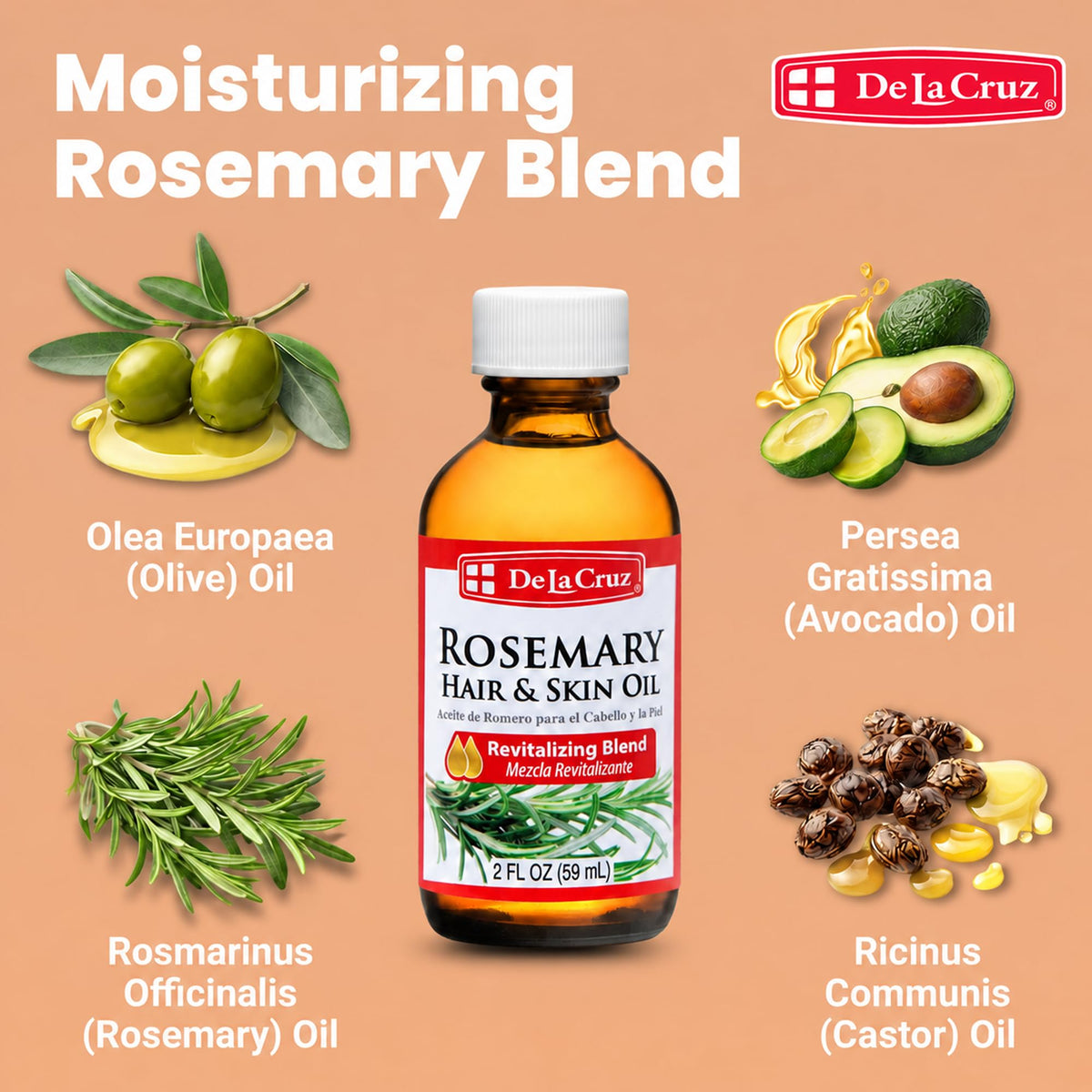 De La Cruz Oil of Rosemary Compound for Skin and Hair, No Preservatives, Artificial Colors or Fragrances, Made in USA, 2 FL. OZ.