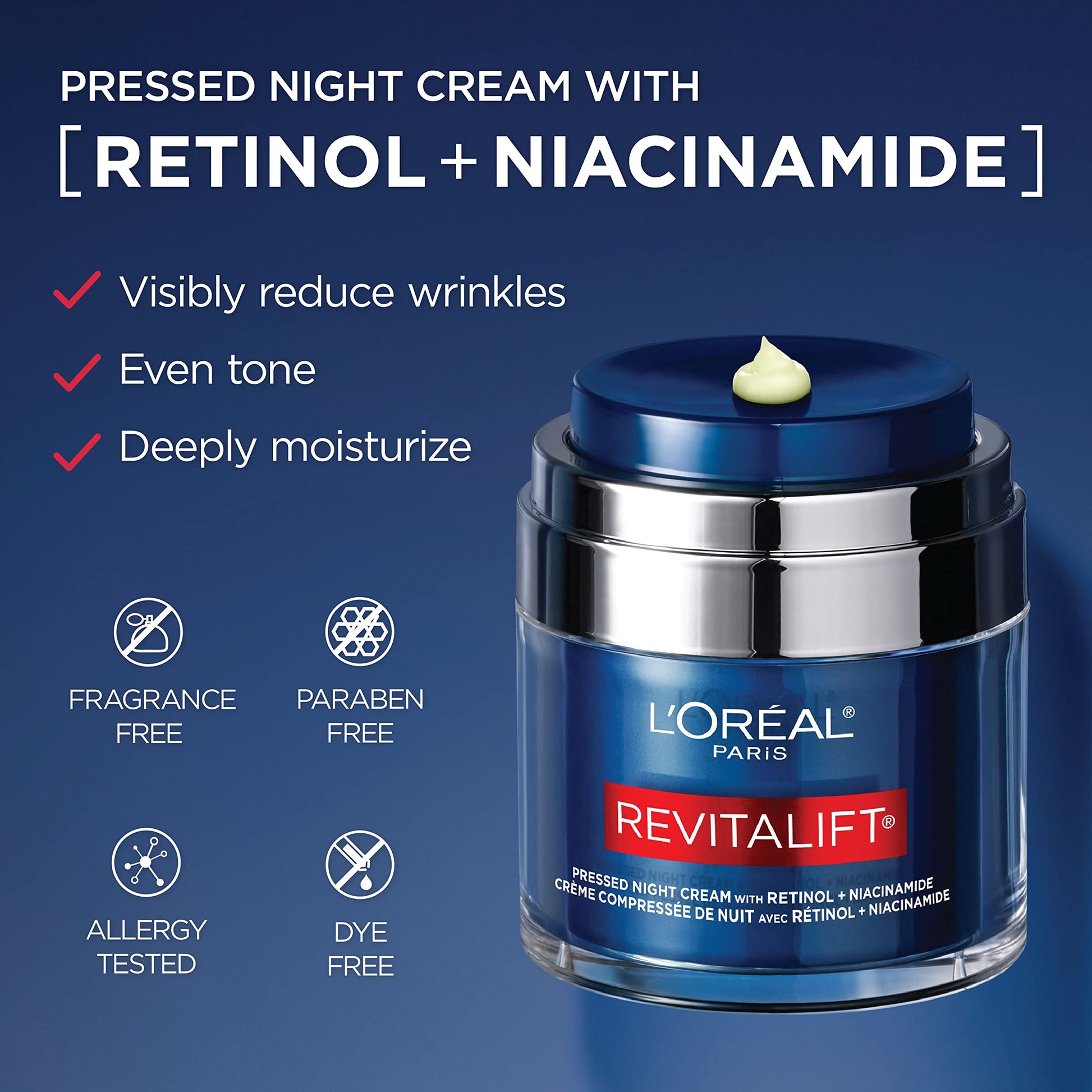 L'Oreal Paris Revitalift Pressed Night Cream with Retinol, Niacinamide, Visibly Reduce Wrinkles, Hydrate for Face, Under Eye, Neck, Chest, Dermatologist tested + Hyaluronic Acid Serum Sample, 1 kit, 2