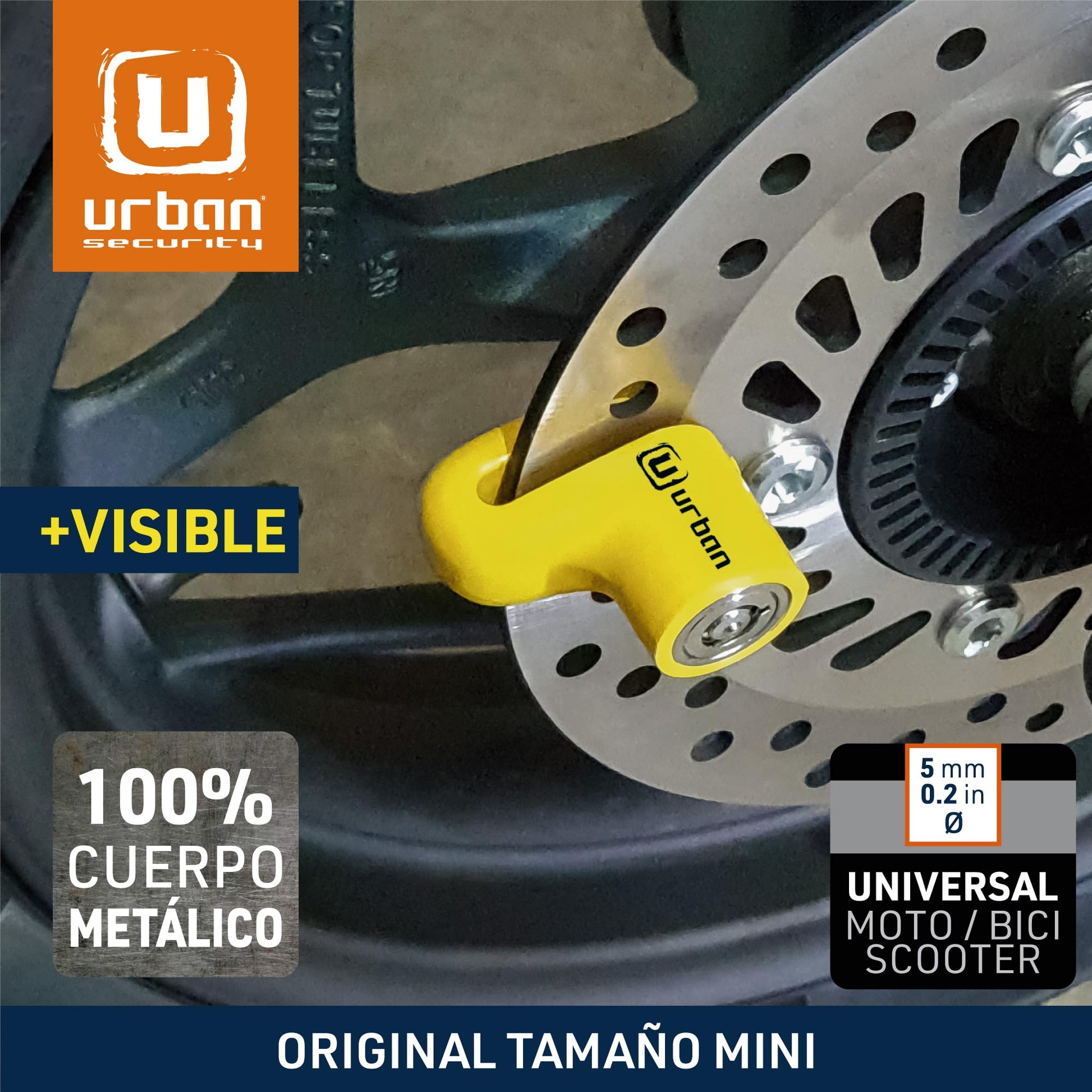 URBAN 564A - Candado de disco de motocicleta más compacto, ø5 mm, ligero y portátil, más visible, más disuasorio, acero, cerradura de freno universal antirrobo para motocicleta, scooter, bicicleta