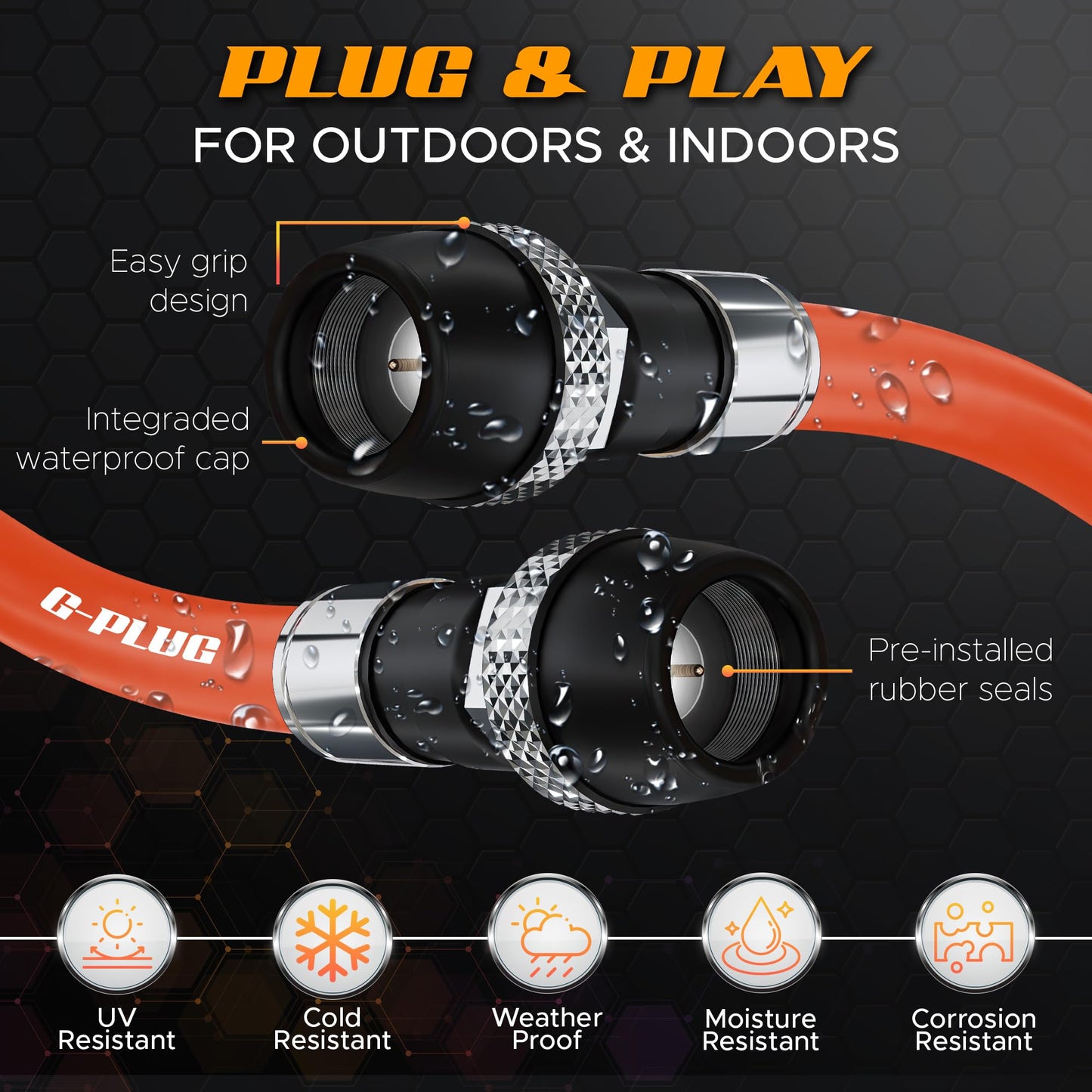 G-PLUG Cable Coaxial RG6 75 Ohm, Triple Blindaje, Impermeable, Conectores F Tipo Macho a Macho, Cable Antena TV, Satelital e Internet Banda Ancha, Incluye Acoplador F81, Naranja