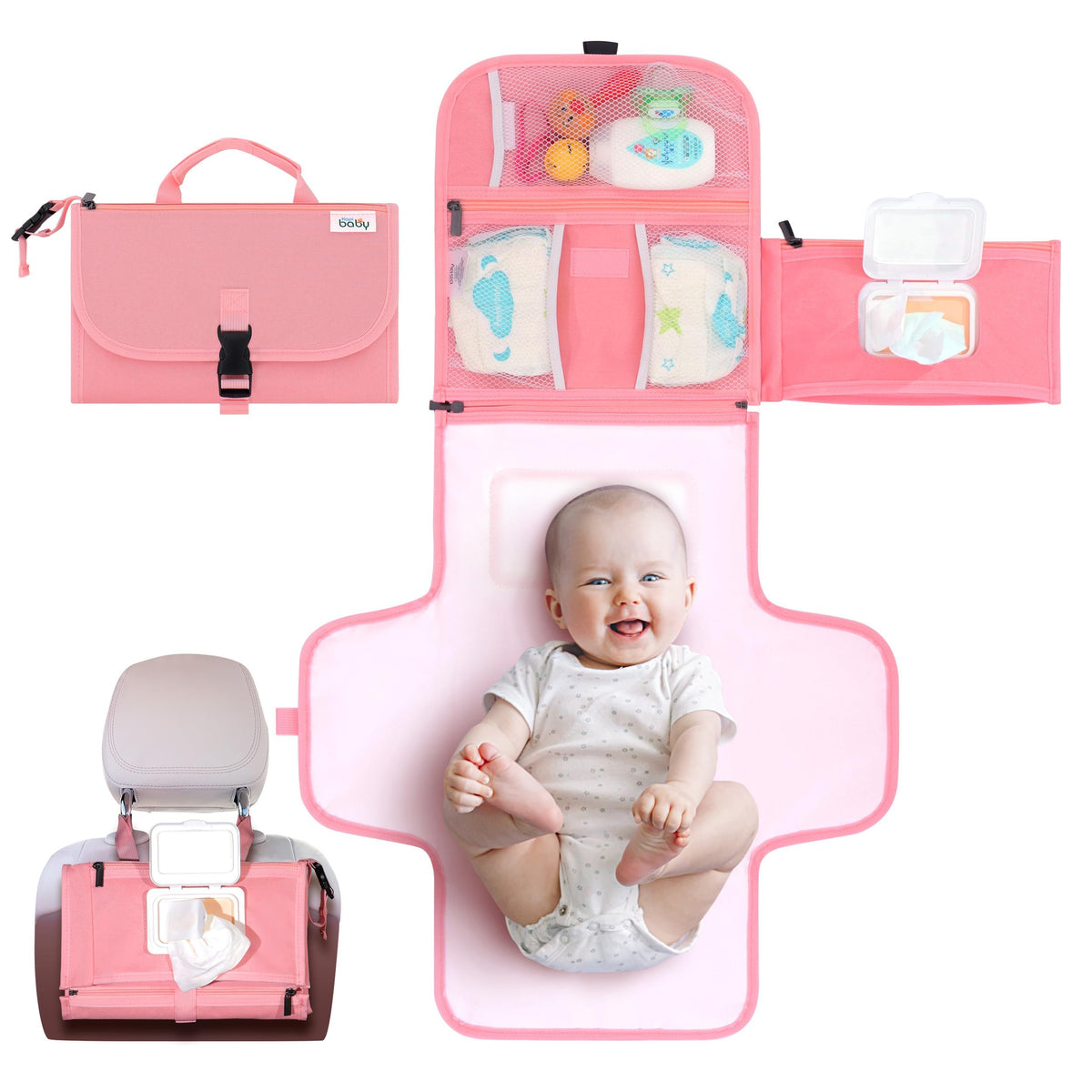 Kopi Baby - Cambiador de pañales portátil para bebé, bolsa de viaje con bolsillo para toallitas, tapete cambiador portátil de diseño inteligente, kit de estación de viaje para bebés, regalo para niñas
