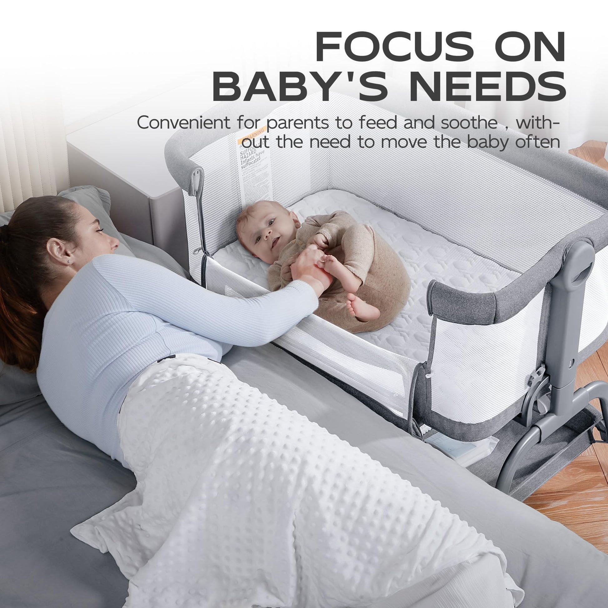 BabyBond - Cuna de noche, colchón y sábana, malla de 4 lados, color gris