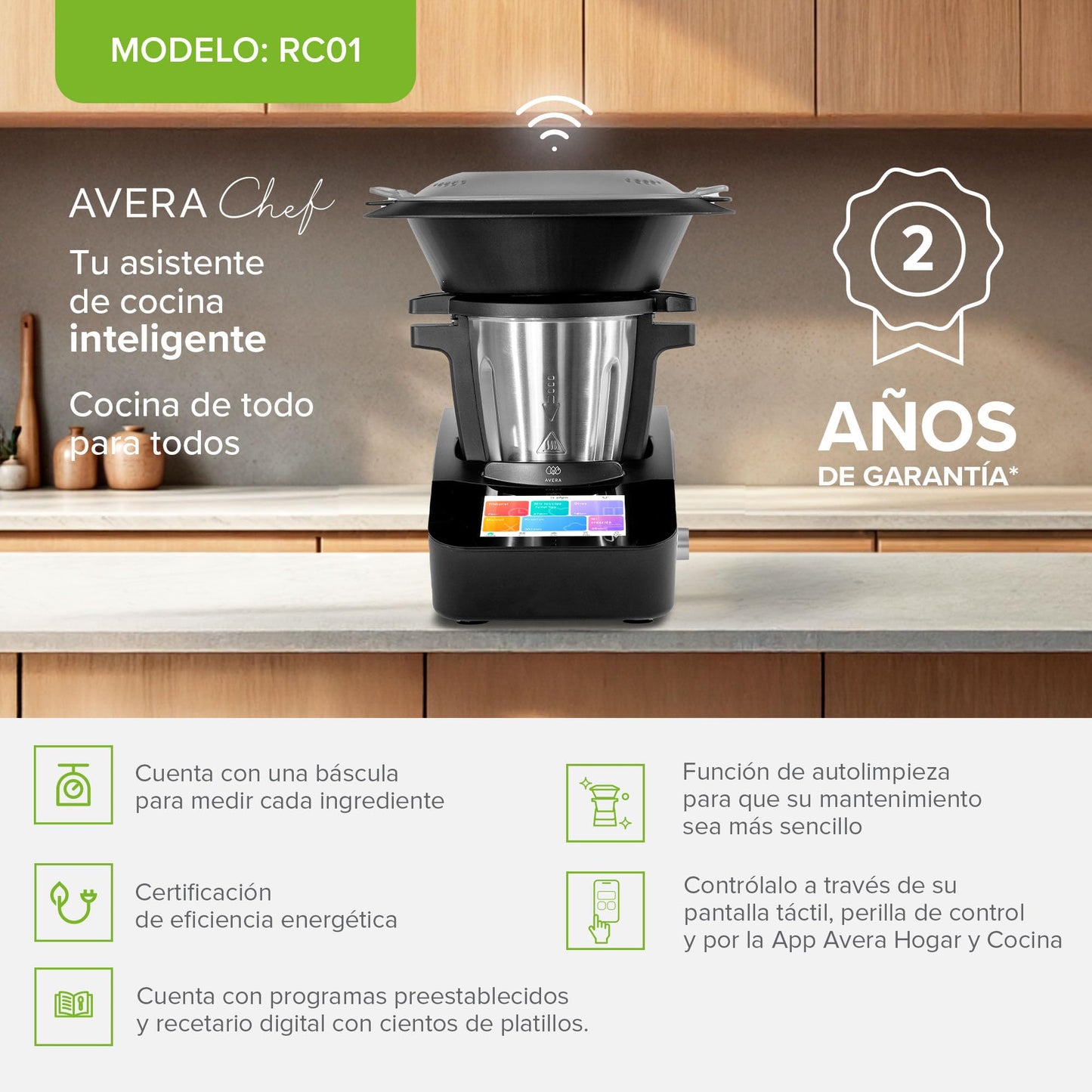 Avera Chef | Robot de Cocina Inteligente WiFi con Báscula y Recetario Digital (+1000 Recetas) | 30 Funciones: Guisar, Batir, Amasar | Pantalla Táctil, Vaporera | Capacidad 4.7 L | RC01