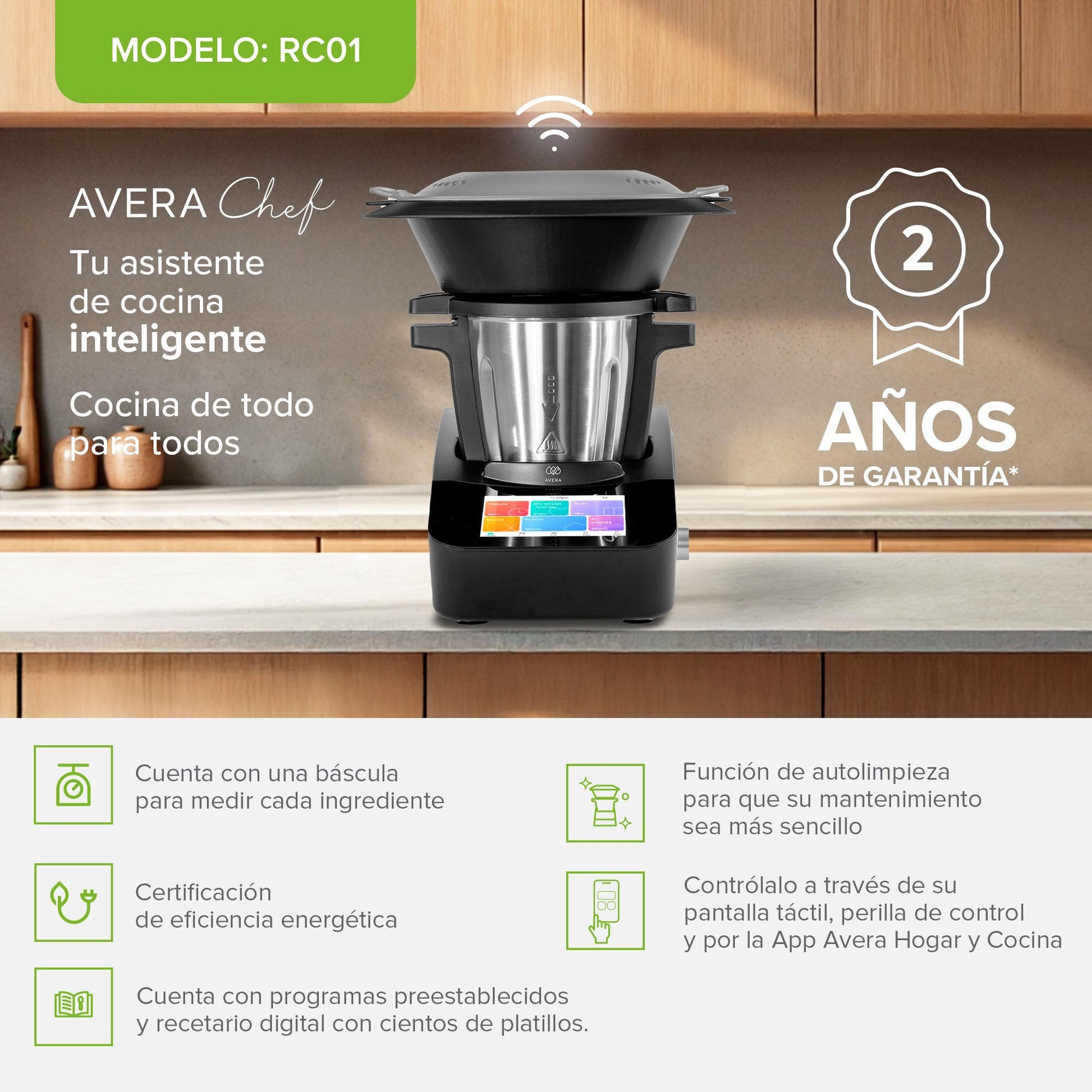 Avera Chef | Robot de Cocina Inteligente WiFi con Báscula y Recetario Digital (+1000 Recetas) | 30 Funciones: Guisar, Batir, Amasar | Pantalla Táctil, Vaporera | Capacidad 4.7 L | RC01