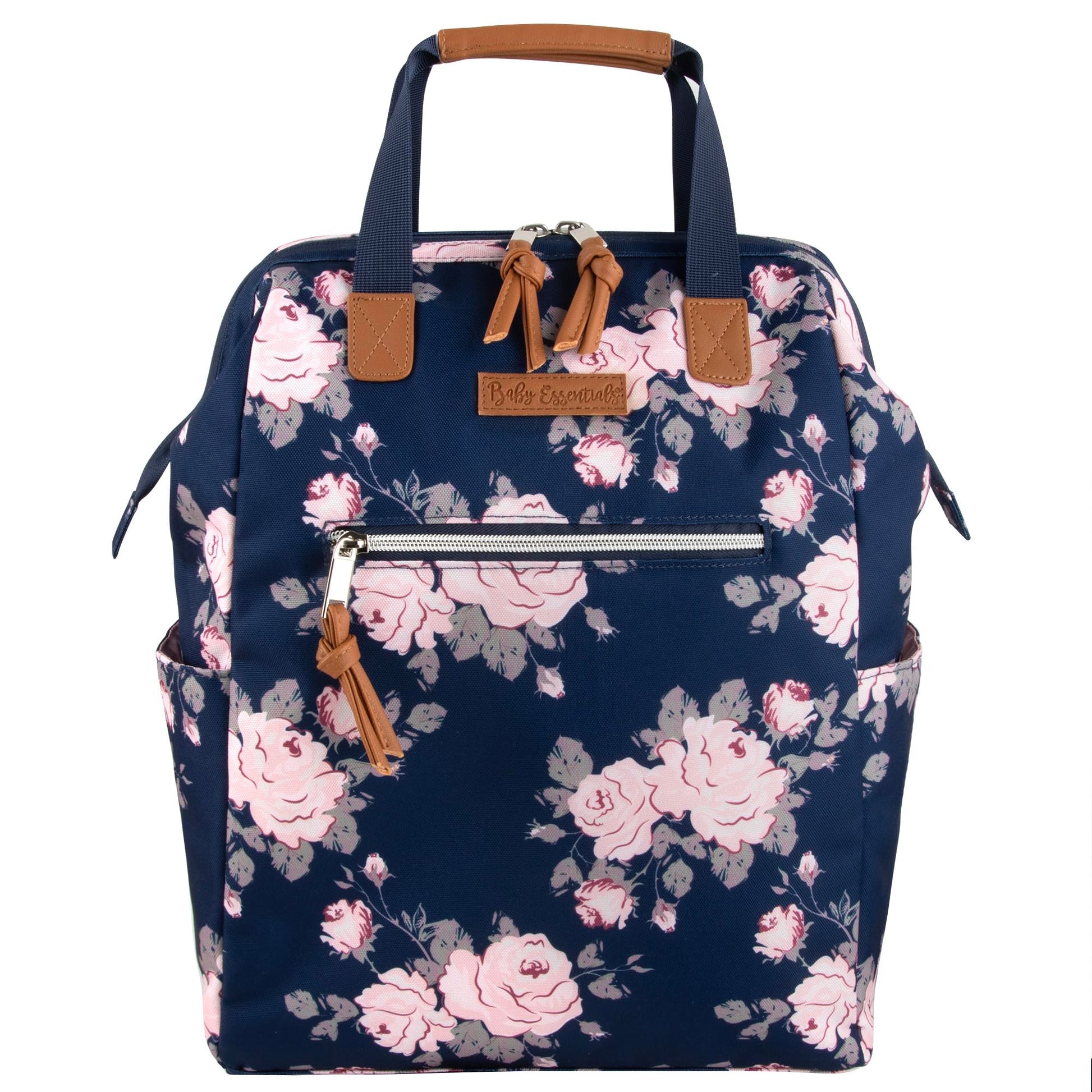 Baby Essentials - Mochila para pañales – Gran capacidad, compartimento aislado súper refrigerante, diseño de marco principal con cambiador y correas para carriola, Azul Marino Floral, Mediano, Mochila