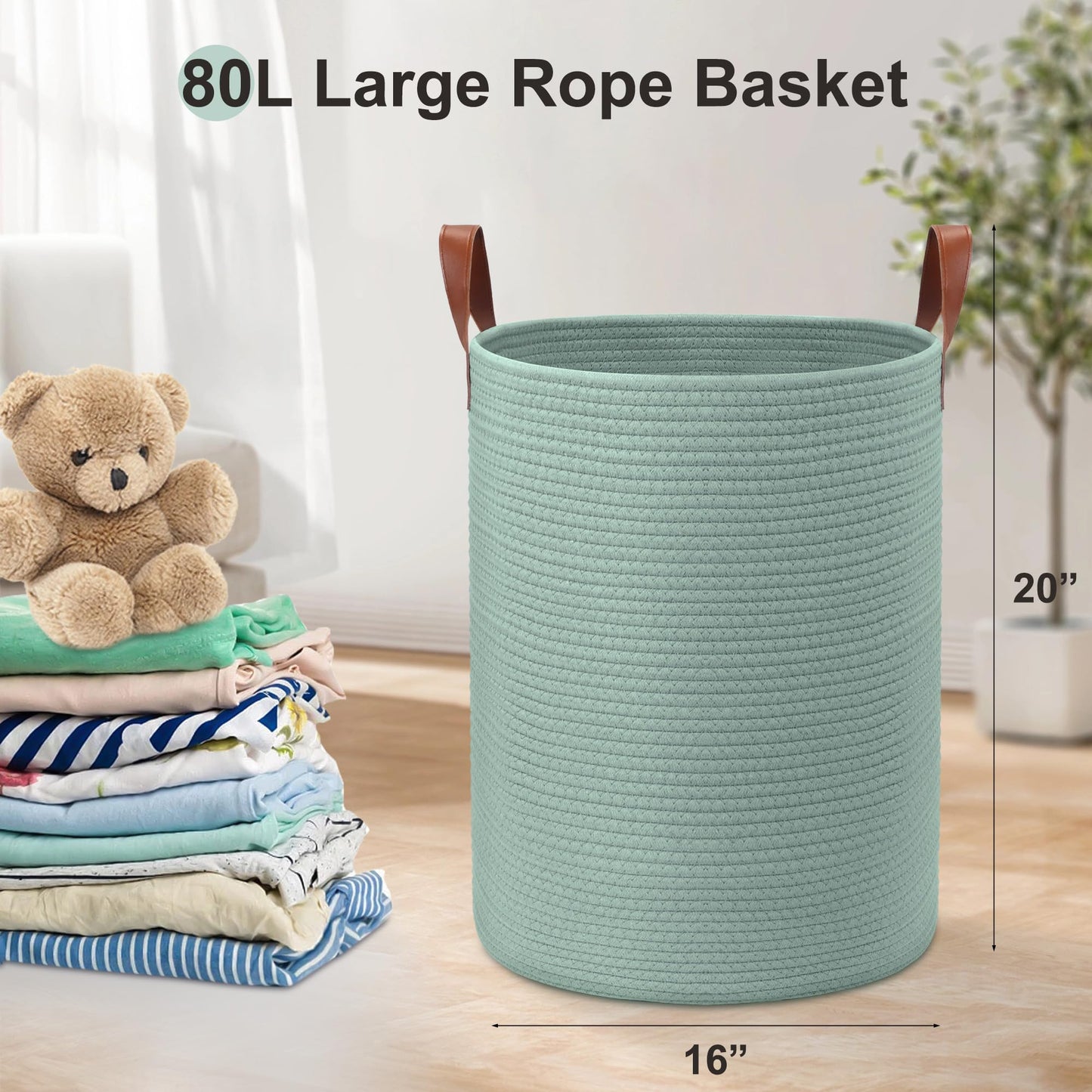 Wymulot - Cesta grande de cuerda de 80 l, cesta de almacenamiento de cuerda tejida con asas de piel, cesta de almacenamiento de juguetes para perros, recámara, almacenamiento de manta de guardería,