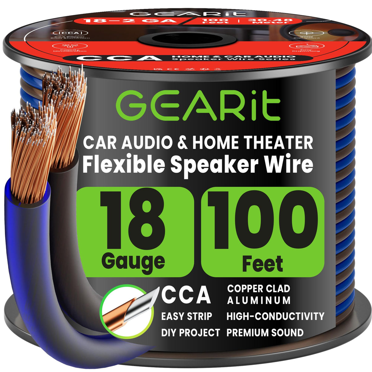 Cable de Altavoz GEARit Serie Pro Negro Transparente Azul Translúcido Gran Uso para Cine en Casa y Automóvil