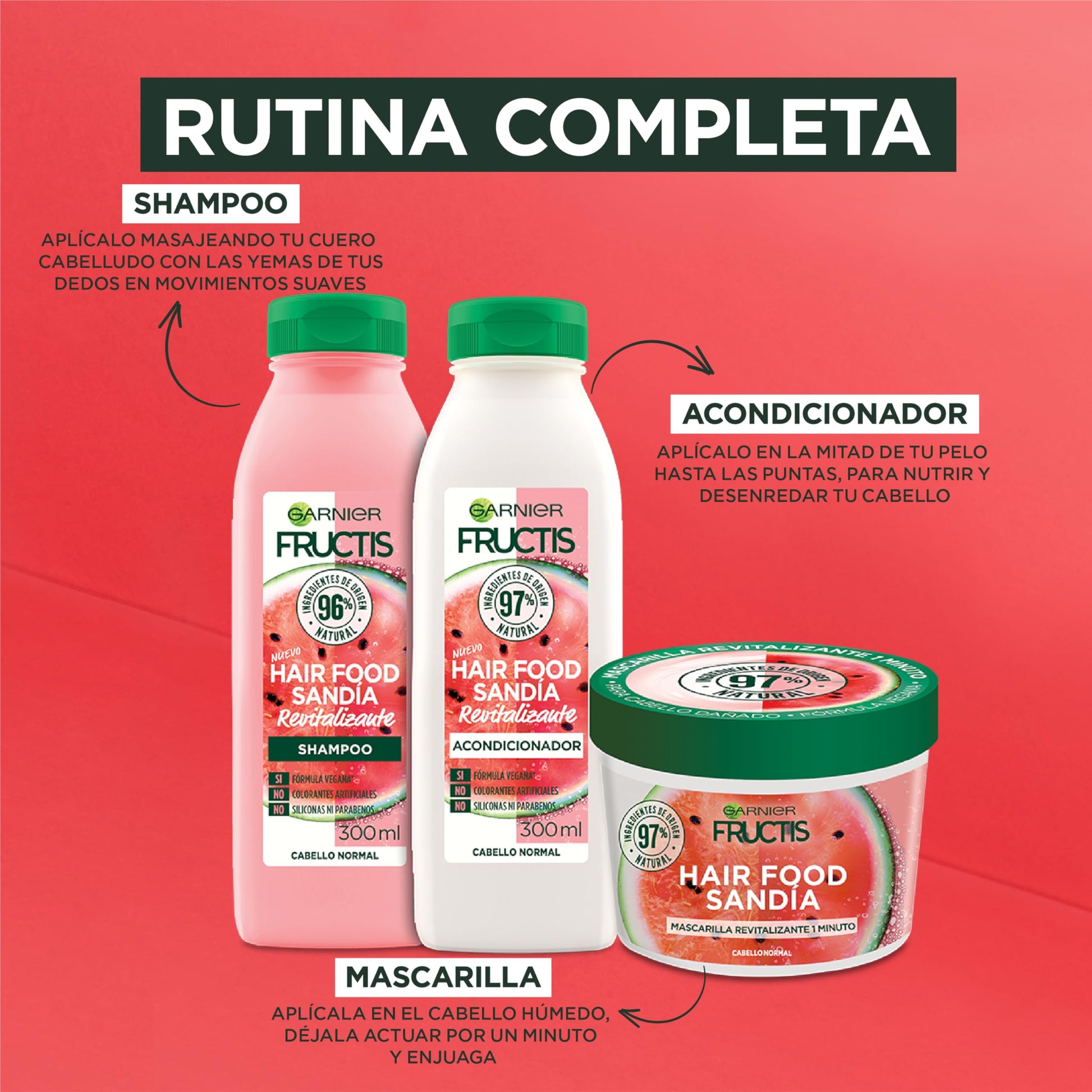 GARNIER Fructis Hair Food Sandía Kit (3 pzas) - Shampoo, Acondicionador, Máscara - Cabello Normal