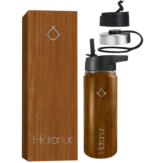 Hidranur Termo de Acero Inoxidable Doble Aislamiento Térmico, Termo Para Café 18 oz (532.32 ml), 3 Tapas Herméticas, 2 Popotes, 24 Hrs de Agua Caliente y Fría (Madera, 18 Oz (532.32 ml))