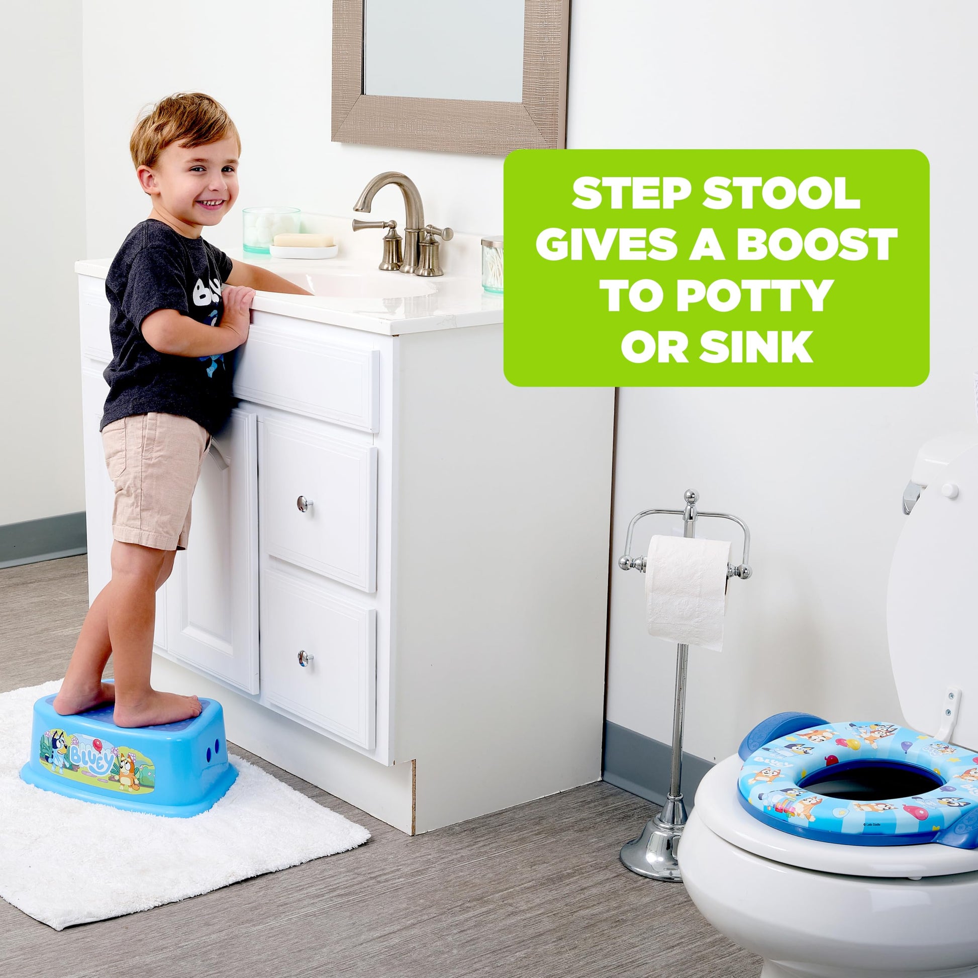 Bluey - Juego de entrenamiento para orinal, 2 piezas combinan un asiento suave para orinal y un taburete antideslizante, para niños pequeños y niños, entrenamiento para ir al baño con divertidos