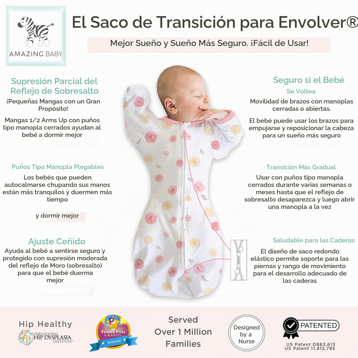 Increíble saco de transición para bebé, mangas de media longitud y puños de manopla para la transición del recién nacido al saco de dormir del bebé, manta portátil, Lrg, 6-9 meses, 20-22 libras, rosas