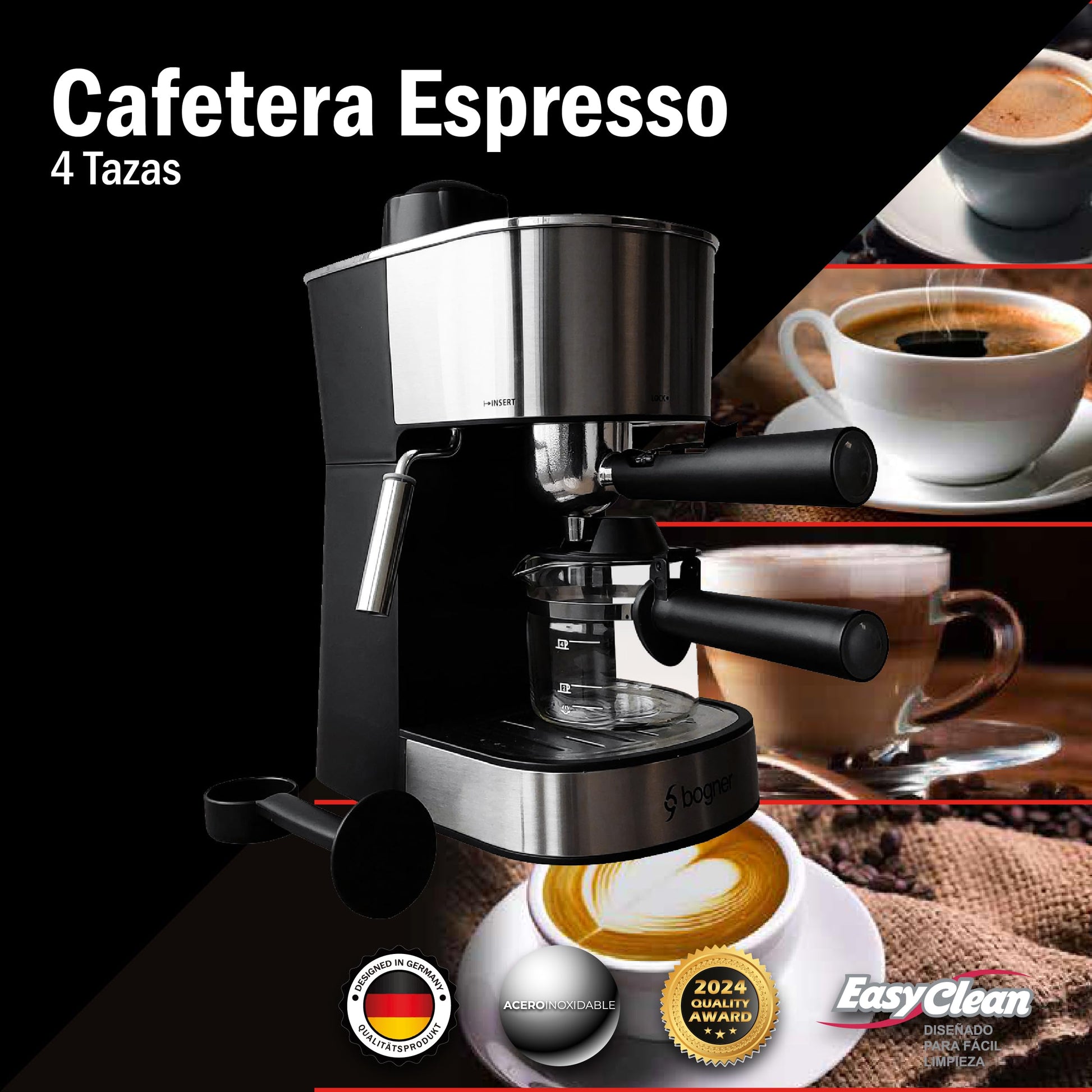 BOGNER- Cafetera espresso capuccino de 4 tazas para café molido BCM35 fabricada en acero inoxidable. Capacidad de tanque 470ml. Diseño moderno con frente ovalada