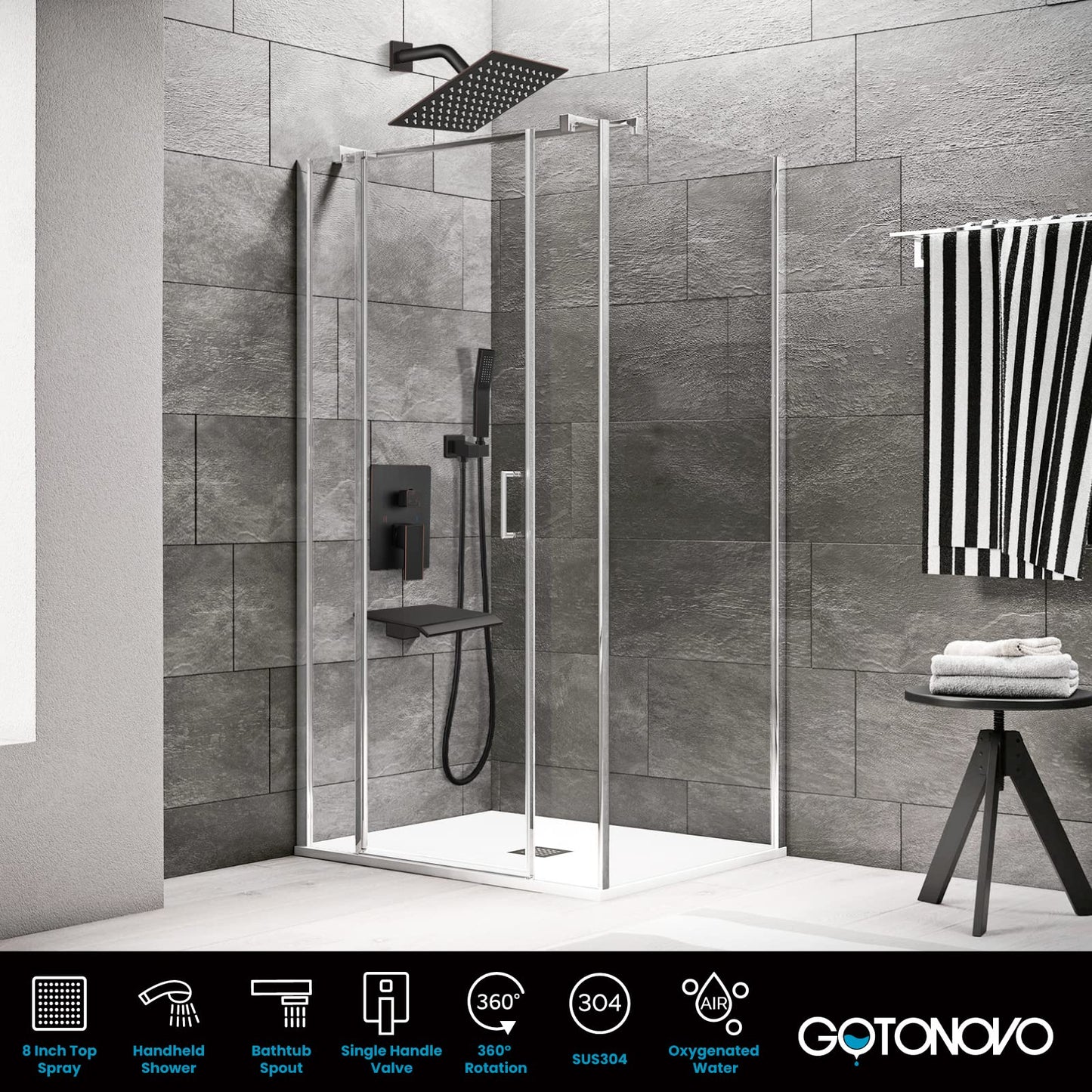 gotonovo - Juego de sistema de llave de ducha de lluvia, cabezal de ducha con pulverizador de mano, boquilla de cascada, mezclador montado en la pared, válvula rugosa y borde incluido bronce aceitado