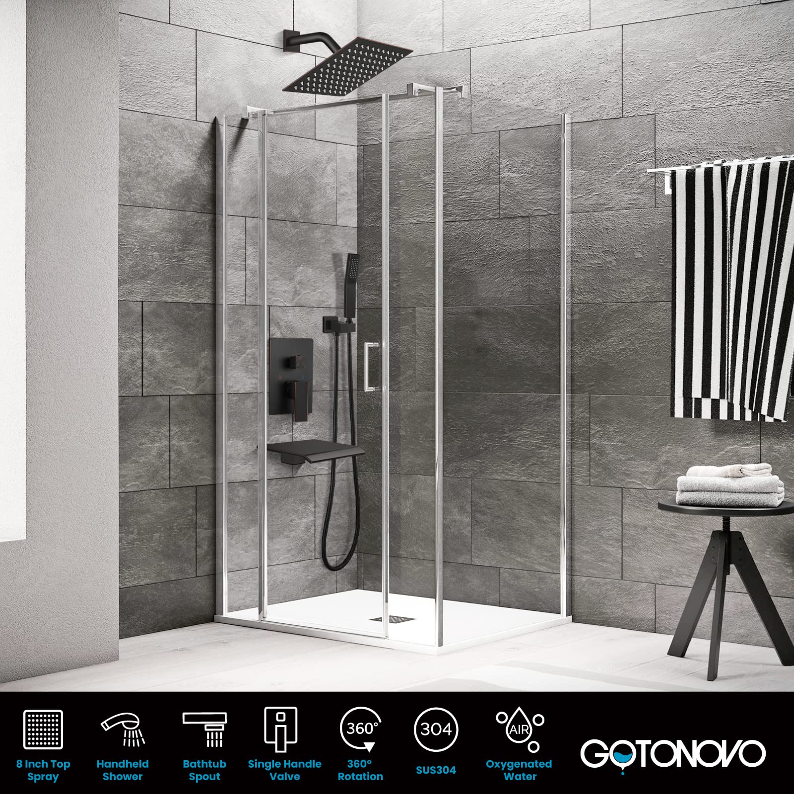 gotonovo - Juego de sistema de llave de ducha de lluvia, cabezal de ducha con pulverizador de mano, boquilla de cascada, mezclador montado en la pared, válvula rugosa y borde incluido bronce aceitado