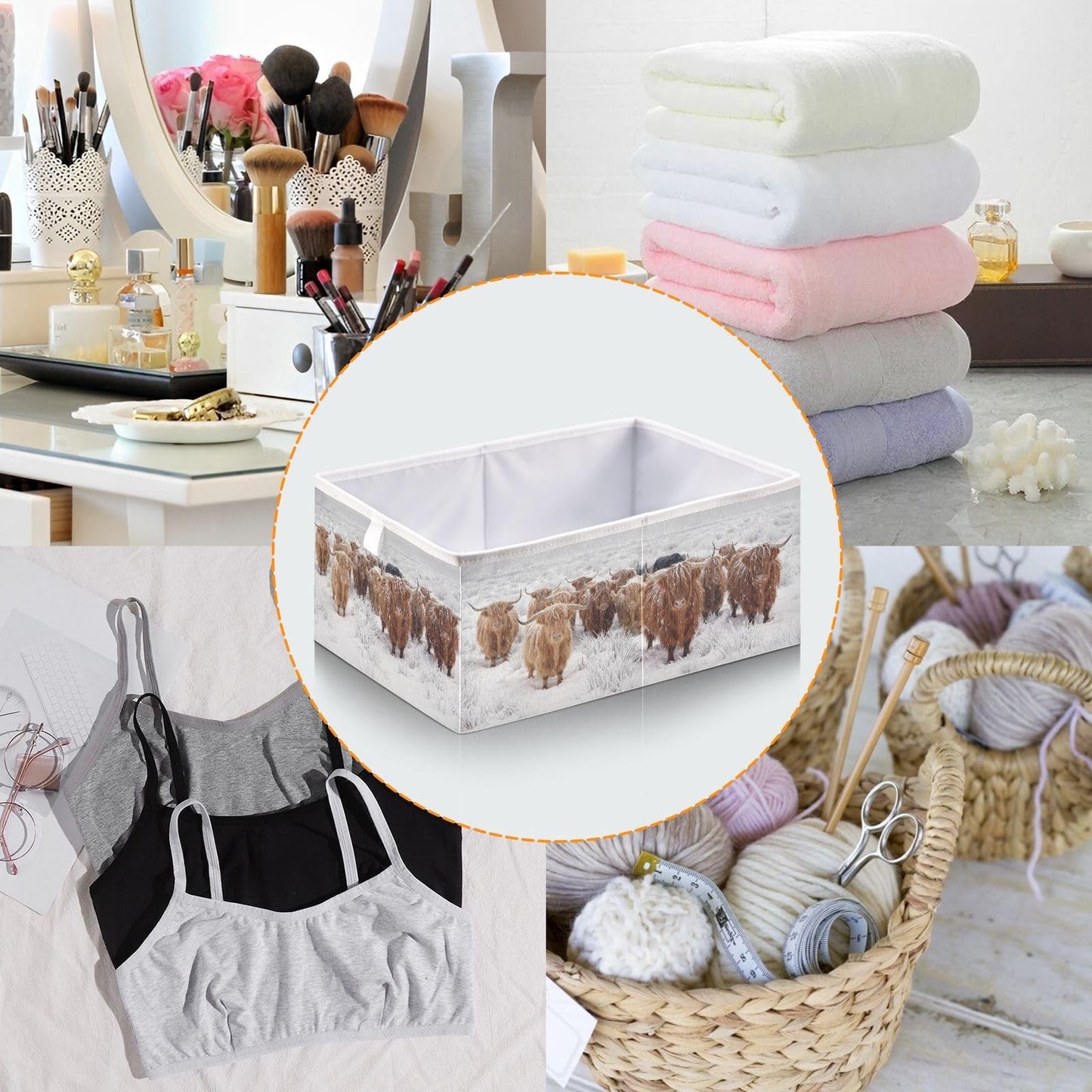 linqin Contenedores de almacenamiento abiertos plegables de vaca escocesa de las tierras altas en un invierno natural, cesta de almacenamiento plegable para guardería, cubo de tela, organizador rectangular con asas para estantes, armario, decoración del h