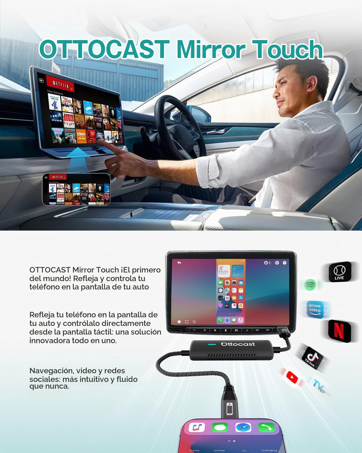 Adaptador CarPlay Inalámbrico Ottocast Mirror Touch Blanco con Modo Dual para Coches de Fábrica 2016+