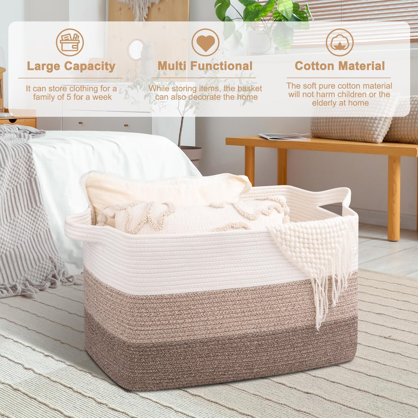 OIAHOMY - Cesta de manta extragrande, cuerda de algodón de 95 l, cesta de juguetes para habitación de bebé, cesta para almacenamiento de mantas en sala de estar, 24 x 17 x 14 pulgadas, café degradado