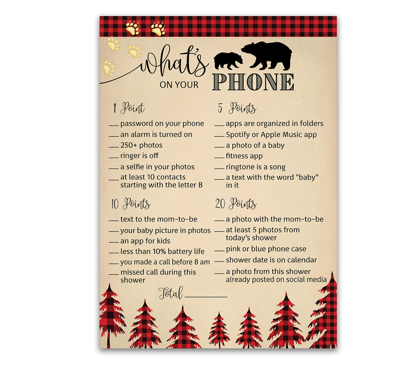 Roseum Collections LUMBERJACK - Juego de baby shower temático - WhAT'S ON YOUR PHONE - Paquete de 25 - Country Buffalo Plaid rústico Boy Country Co-ed Decoración de ducha para parejas G805-PHN