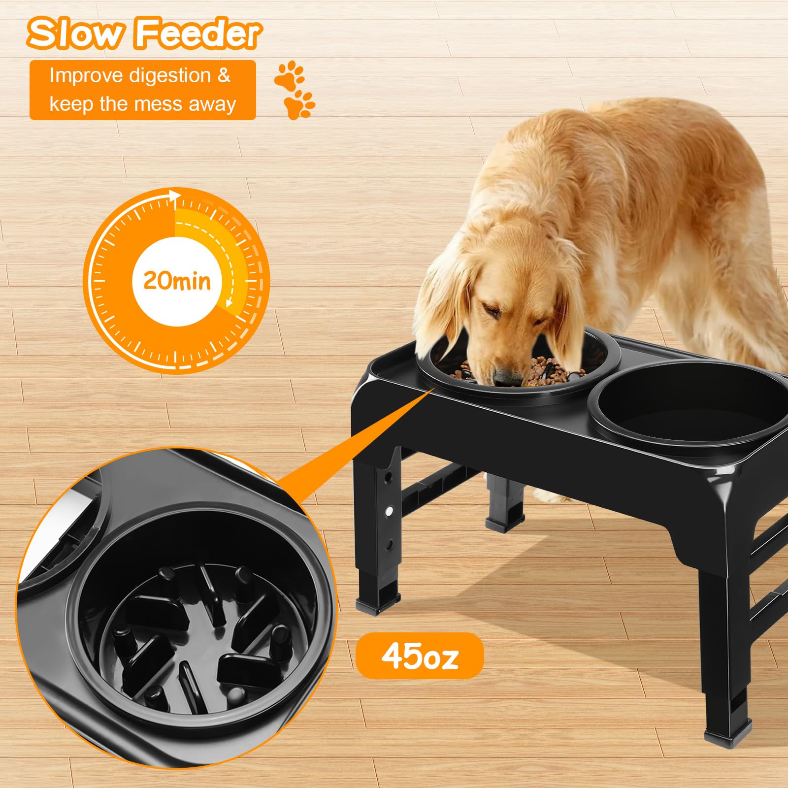 COMESOON SELPONT Bowls Slow Feeder with No Spill Dog Water Bowl 4 Height Adjustable Raised Dog Bowl Stand for Food and Water, Non-Slip Dog Feeder for Medium Large Dogs, Black