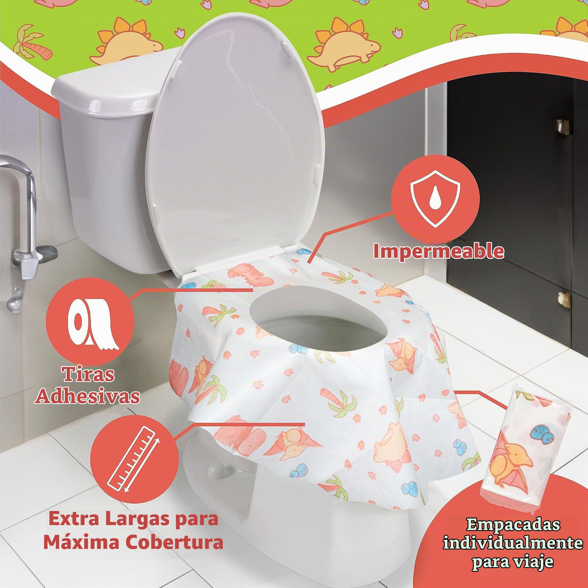 POTTY SHIELDS Funda de inodoro impermeable XL para niños y adultos, portátil e individualmente envuelta para viajes, dinosaurios (20 unidades)