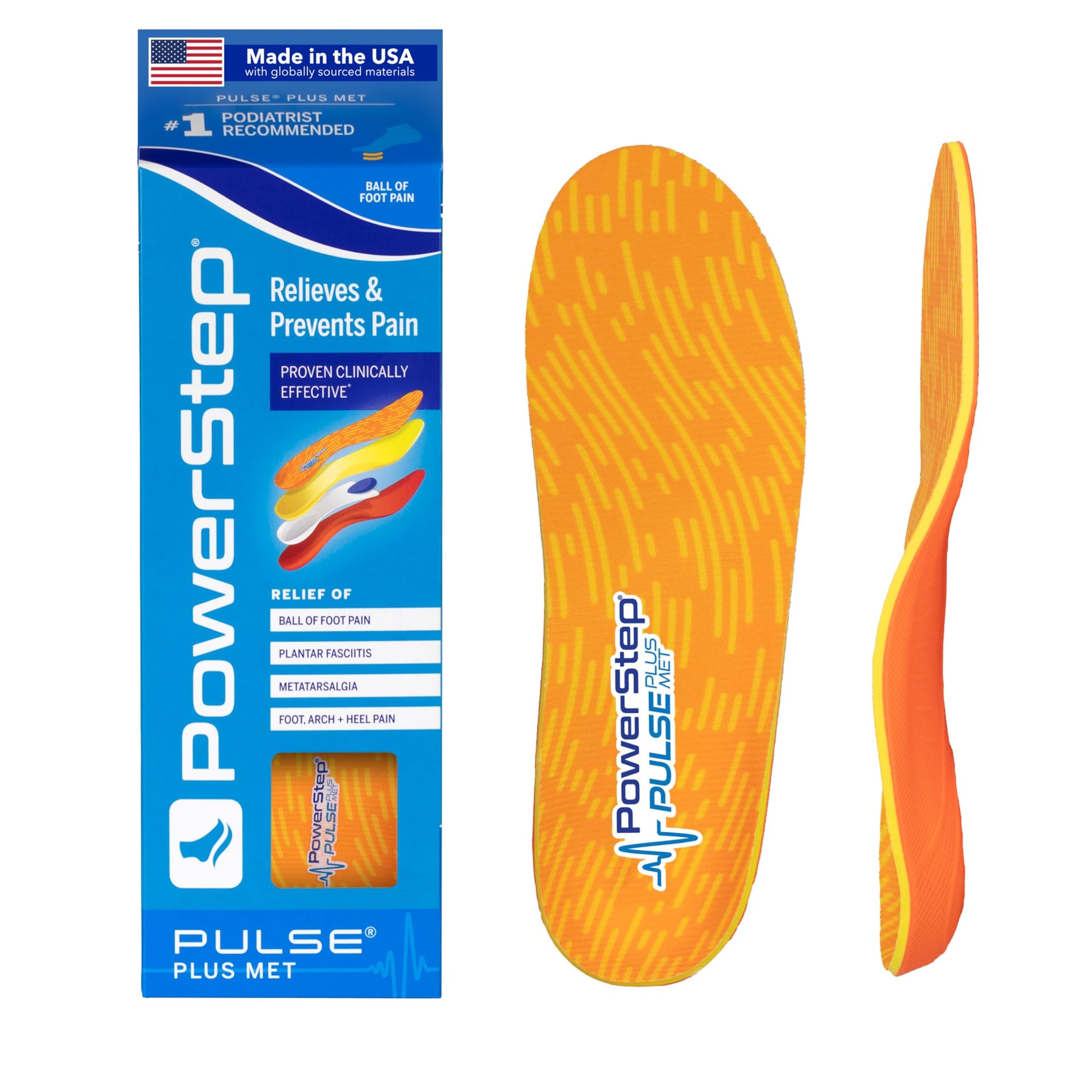 Plantillas PowerStep Pulse Plus Anaranjado Azul para Aliviar Dolor de Pie Metatarsiano en Zapatos Ortopédicos de Running para Hombre