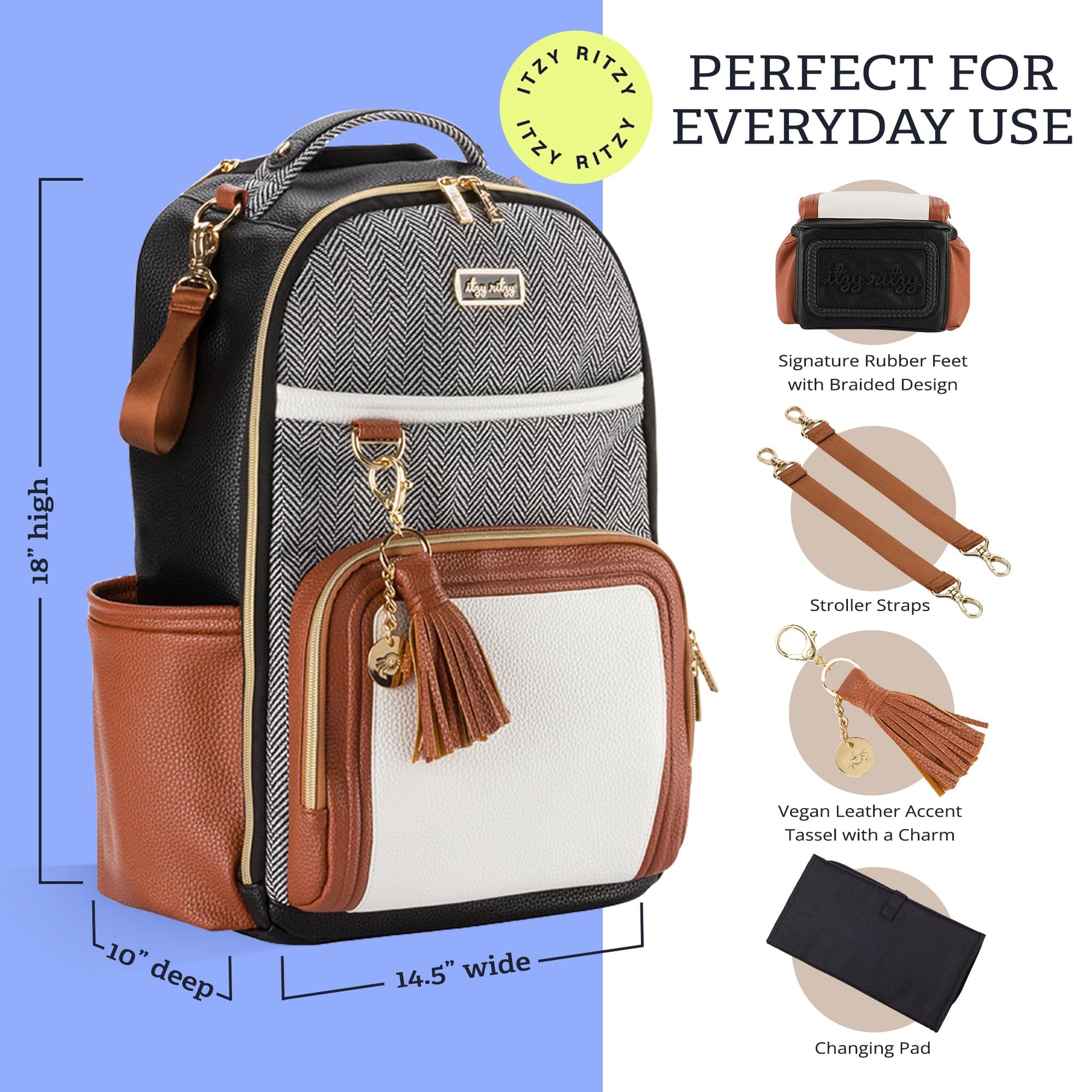 Itzy Ritzy - Mochila para pañales de gran capacidad Boss Plus para bebé con 19 bolsillos, cambiador, clips para cochecito y cómodas correas para mochila, café y crema