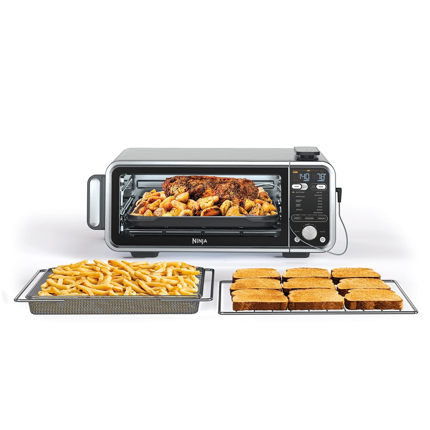 Horno Tostador Ninja Acero Inoxidable con Freidora de Aire y Termómetro para Cocinar Comidas Rápidas y Deshidratar