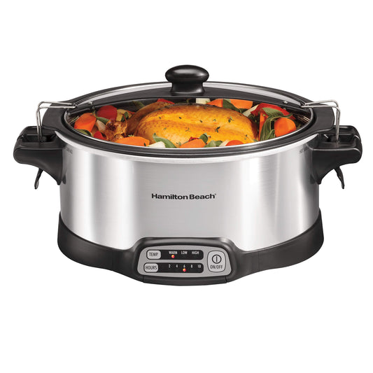 Hamilton Beach Programmable Slow Cooker, Stay or Go Stovetop Sear & Cook, 6 Quart, Lid Lock, Silver (33663),