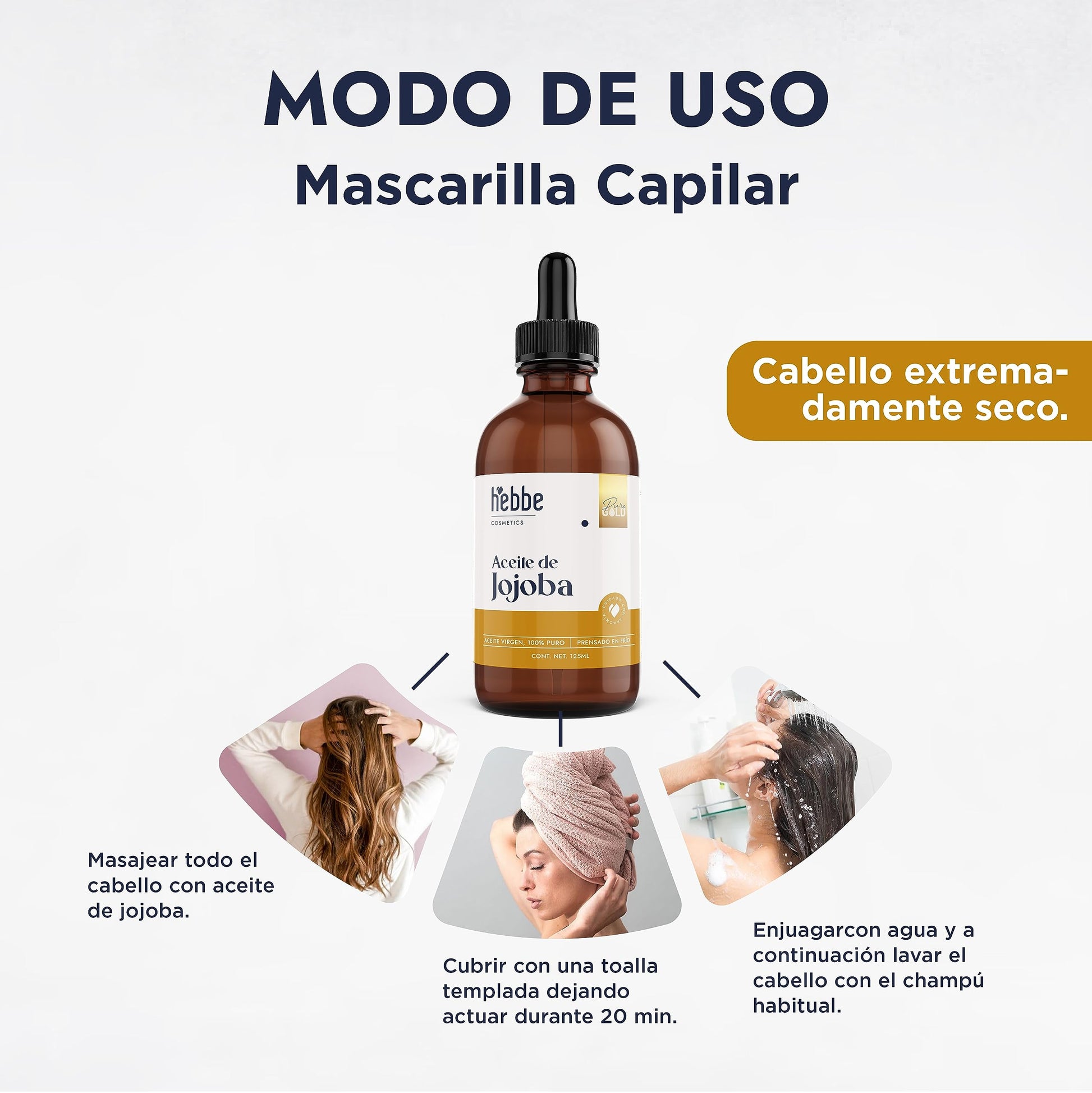 HEBBE - ACEITE DE JOJOBA VIRGEN PURO ORGÁNICO | TRATAMIENTO HIDRATANTE Y TRATA ESTRÍAS | CONTENIDO 125 ML