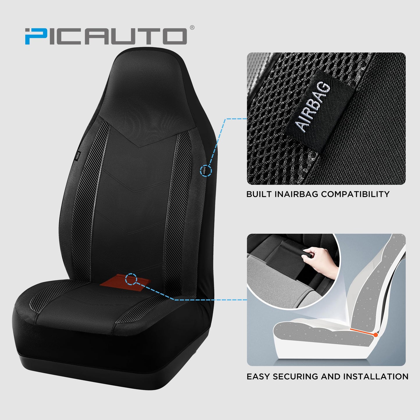 PIC AUTO - Fundas de asiento delantero de coche con respaldo alto, fundas de asiento de malla de fibra de carbono, ajuste universal, compatible con airbag (negro)