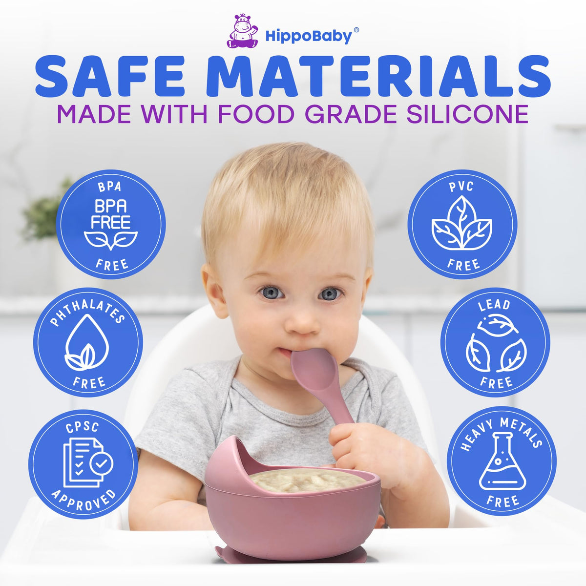 HippoBaby Baby Led Weaning Supplies | 10 Piece Silicone Feeding Set | Baby Toddler Bib Cup Divided Plate and Bowl Self Feeding Spoons Dish Set | Baby Utensils | Toddler Feeding Supplies (Light Pink)