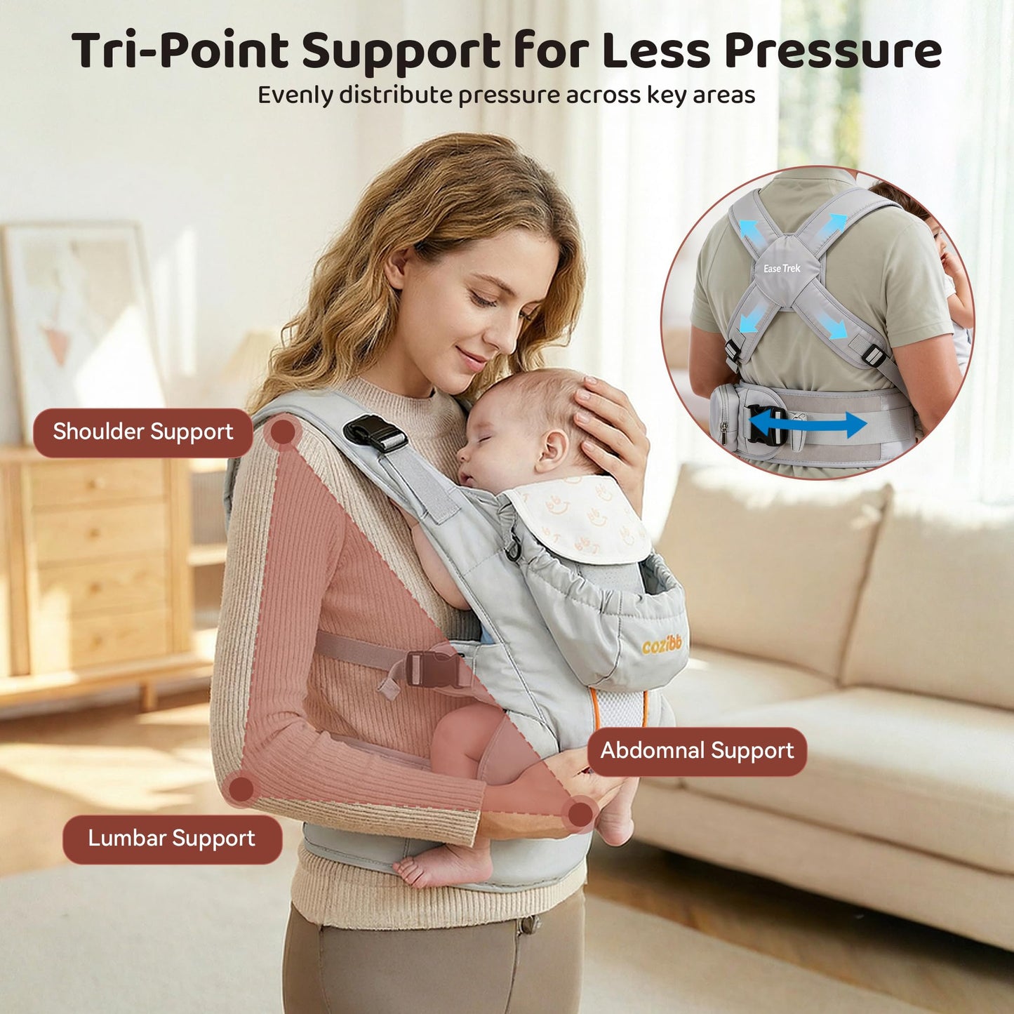 CoziBB - Portabebés 3 en 1 con cinturón de cintura con cojín de aire, ajustable y ergonómico, portabebés de recién nacido a niño para niños de 8 a 33 libras, portabebés con cinturón de doble bloqueo