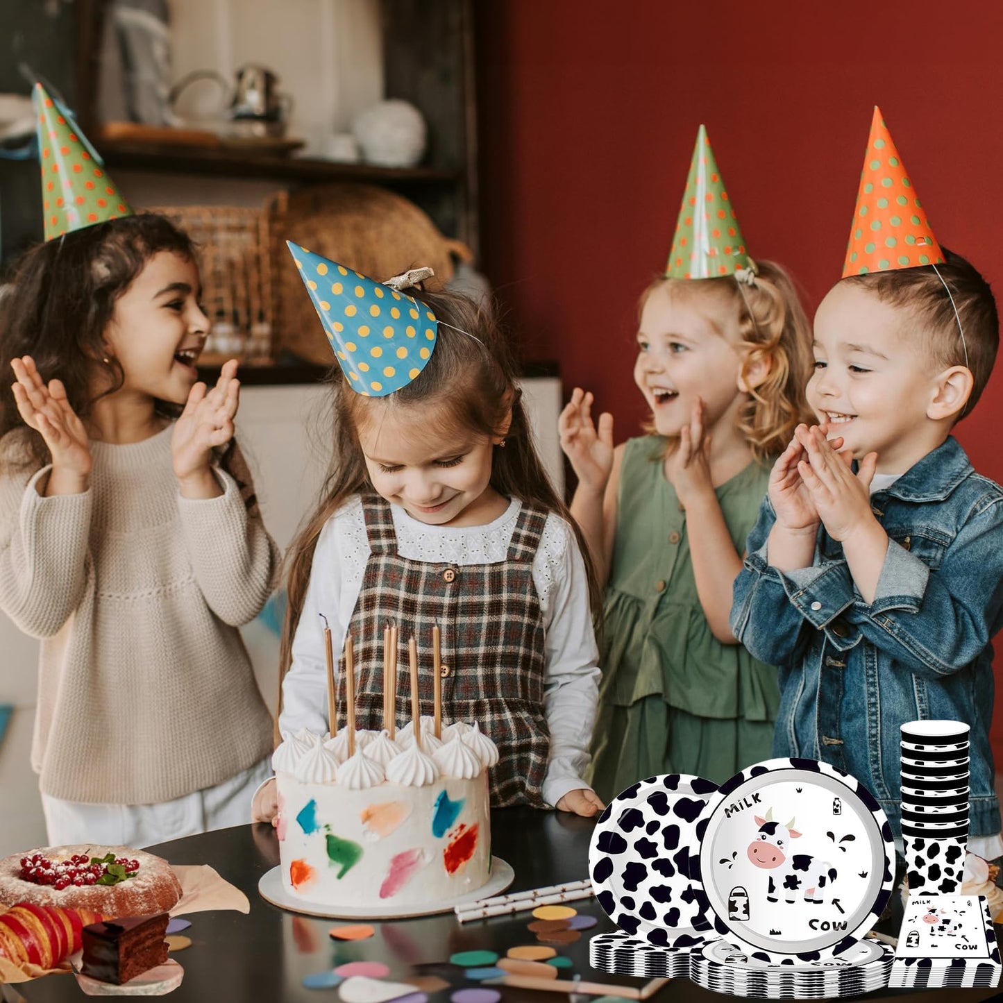 Decoraciones de fiesta de feliz cumpleaños de vaca, suministros de fiesta con estampado de vaca para niños, incluye platos, servilletas de papel, mantel, juego de fiesta temática de animales para