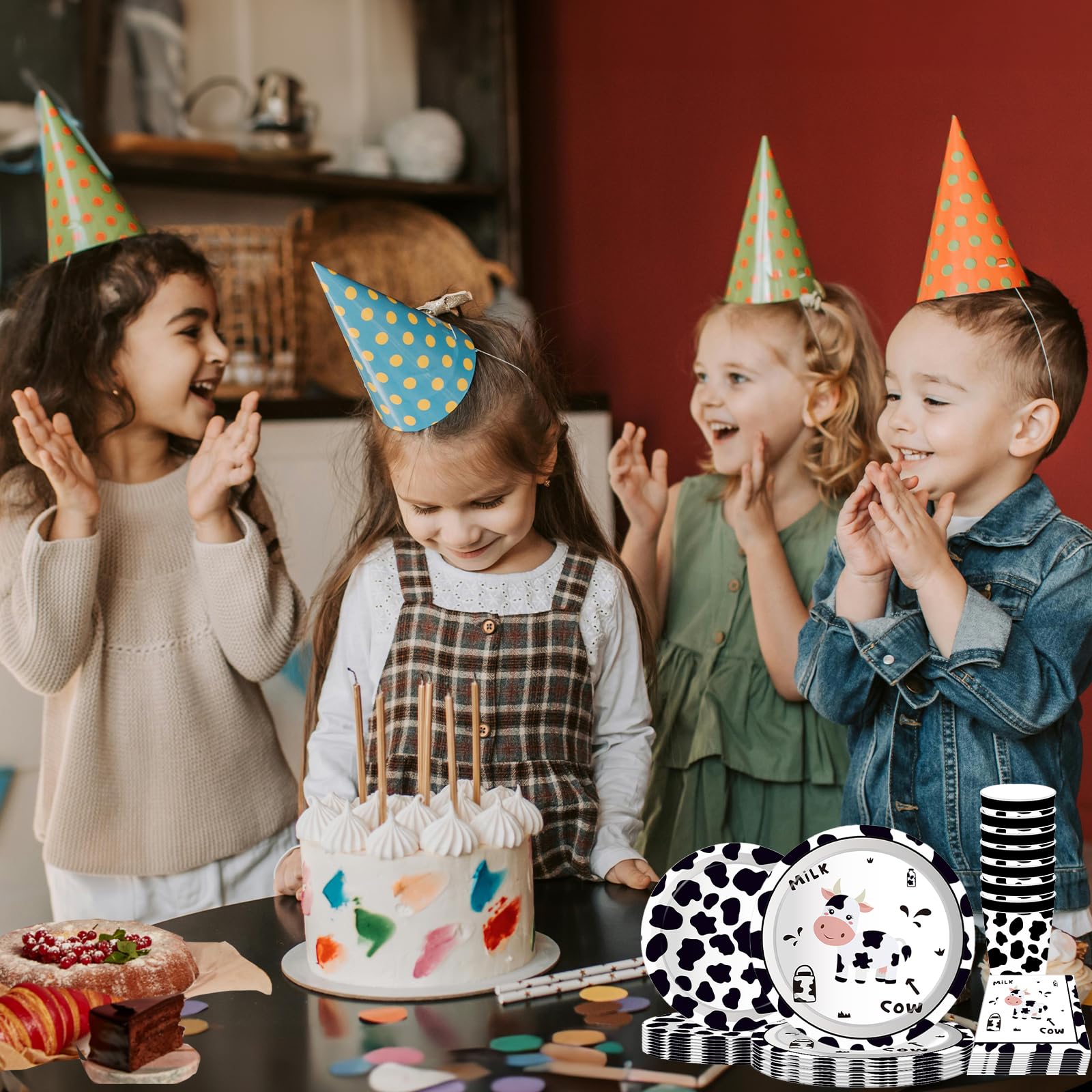 Decoraciones de fiesta de feliz cumpleaños de vaca, suministros de fiesta con estampado de vaca para niños, incluye platos, servilletas de papel, mantel, juego de fiesta temática de animales para
