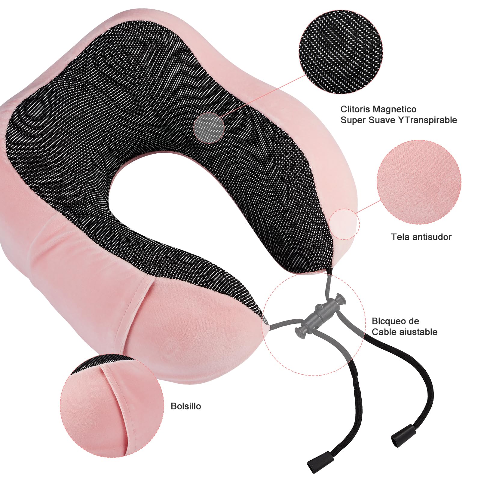 Almohada de Viaje, Almohada de Cuello Viscoelástica de Espuma de Memoria con Máscara de Ojos, Tapones para los oídos y Nariz, y Bolsa con Cordón, Soporte de Cuello para Avión, Oficina y el Hogar(Rosa)