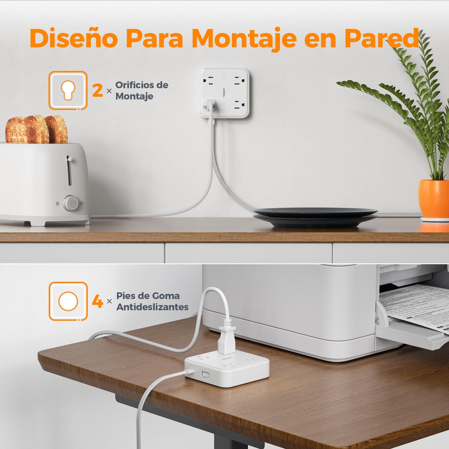 TESSAN Regleta Multicontacto con Protector de Sobretensión, 1.5M Plana Extension Electrica, Enchufe Plano Conector Multiple con 4 Salidas y 3 USB (1 USB C), Hogar Oficina Dorm, Puro Blanco