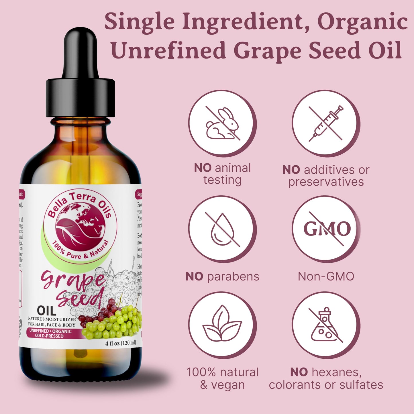 NEW Grape Seed Oil. 4oz. Cold-pressed. Unrefined. Organic. 100% Pure. Rich in vitamins. Hexane-free. Rejuvenates Skin. Softens Hair. Natural Moisturizer. For Hair, Skin, Nails, Beard, Stretch Marks.