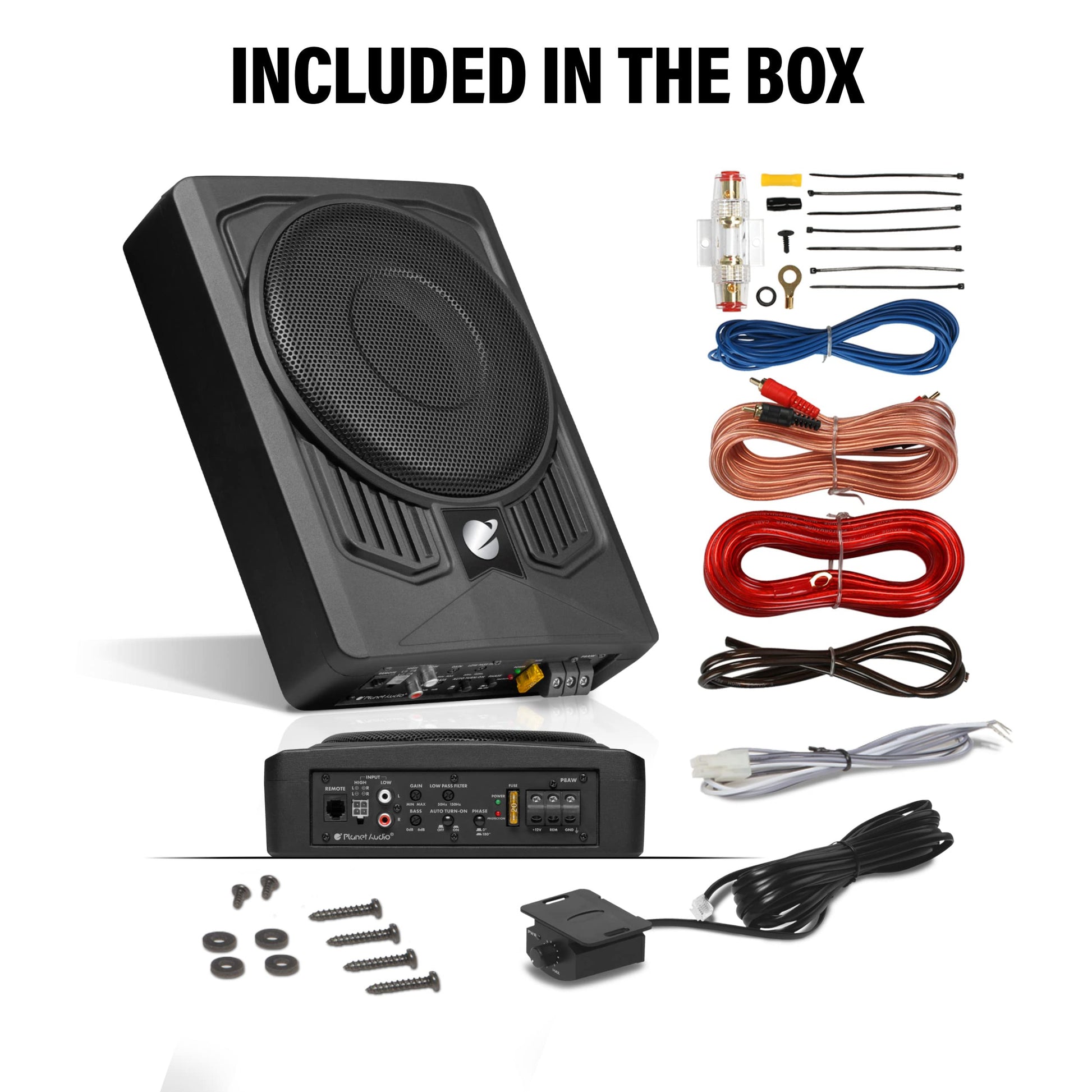 Planet Audio P8AWK - Subwoofer de perfil bajo de 8 pulgadas con motor para debajo del asiento, 800 de alta salida, amplificador integrado, para camiones, cajas y recintos, control remoto de subwoofer