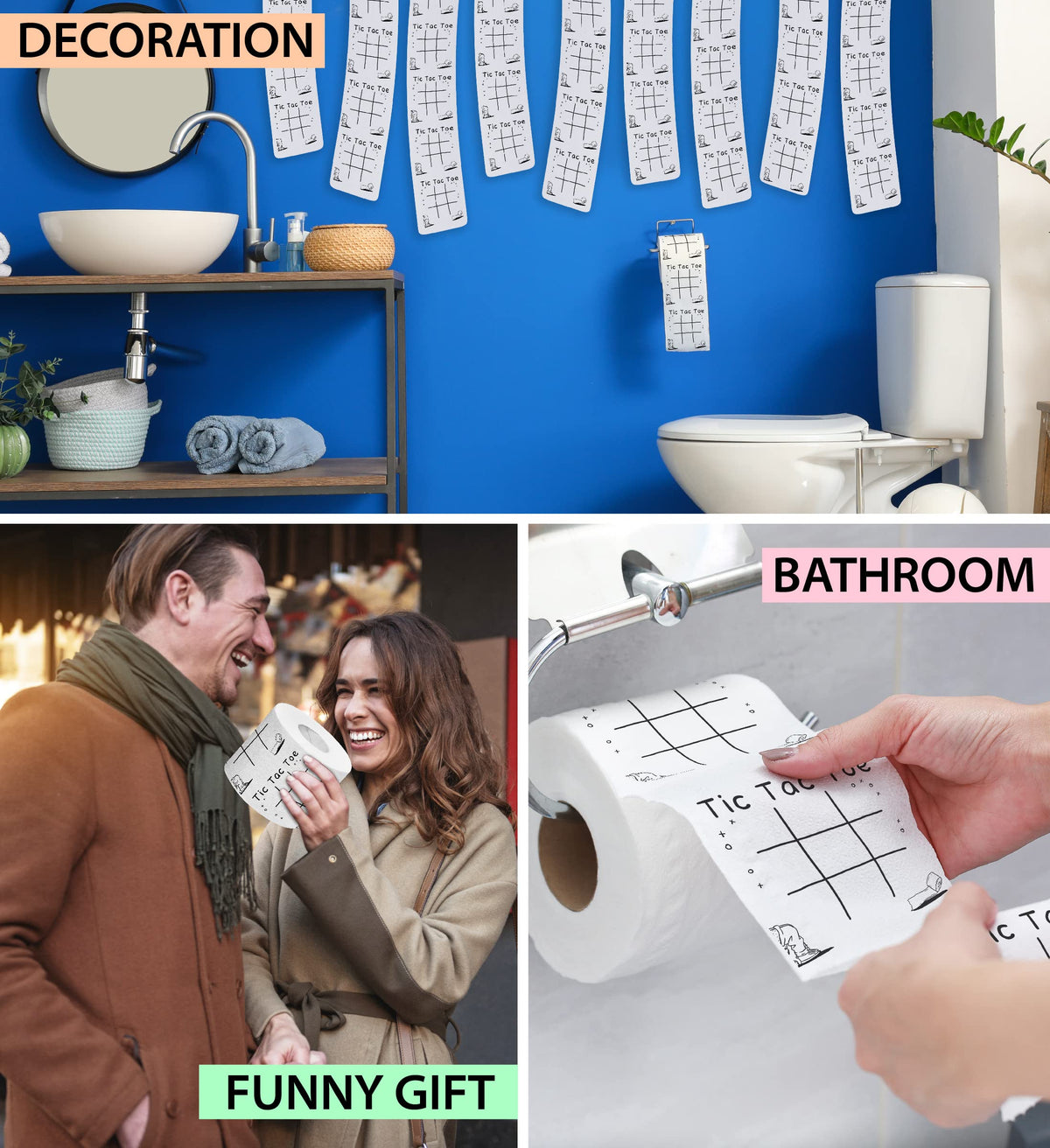 Papel Higiénico Impreso Tic Tac Toe - Divertido Regalo Novedoso para Broma y Decoración de Baño