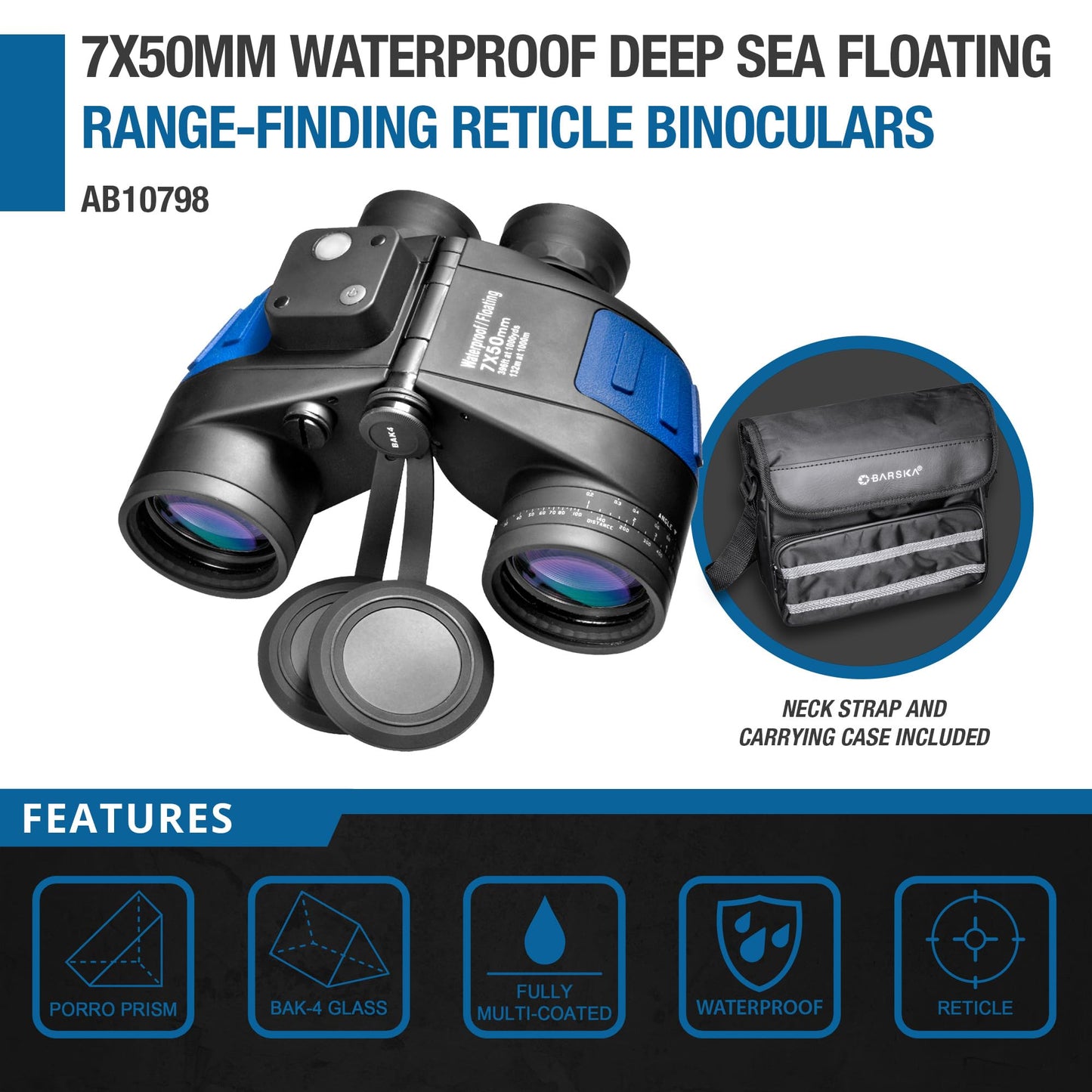 Barska AB10798 Deep Sea 7x50 Waterproof Floating Binocular with Internal Rangefinder & Compass