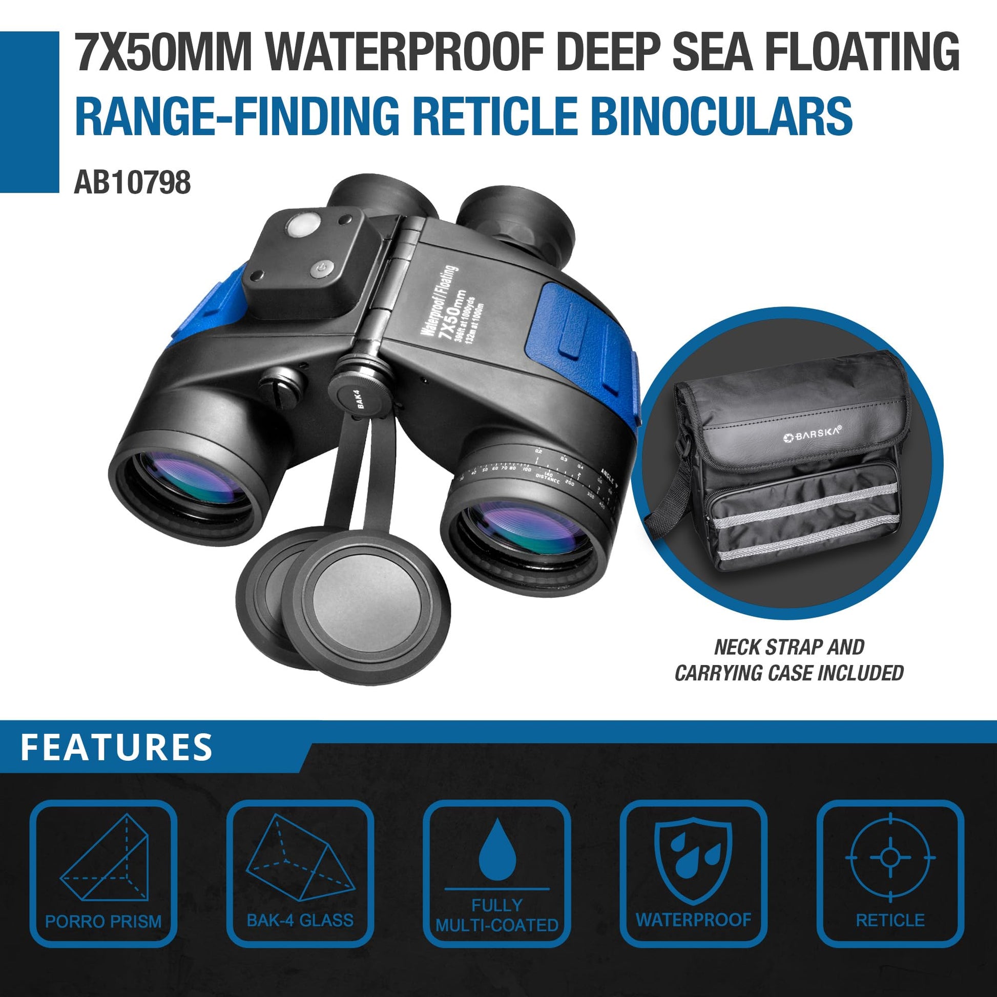 Barska AB10798 Deep Sea 7x50 Waterproof Floating Binocular with Internal Rangefinder & Compass
