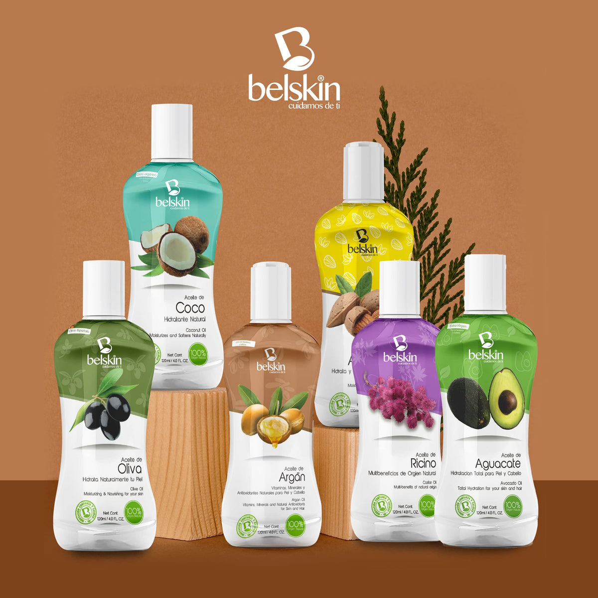 BELSKIN Pack 6 Aceites Naturales 120ml c/u | Almendras, Coco, Ricino, Olivo, Argán, Aguacate | Para Rostro, Cuerpo y Cabello