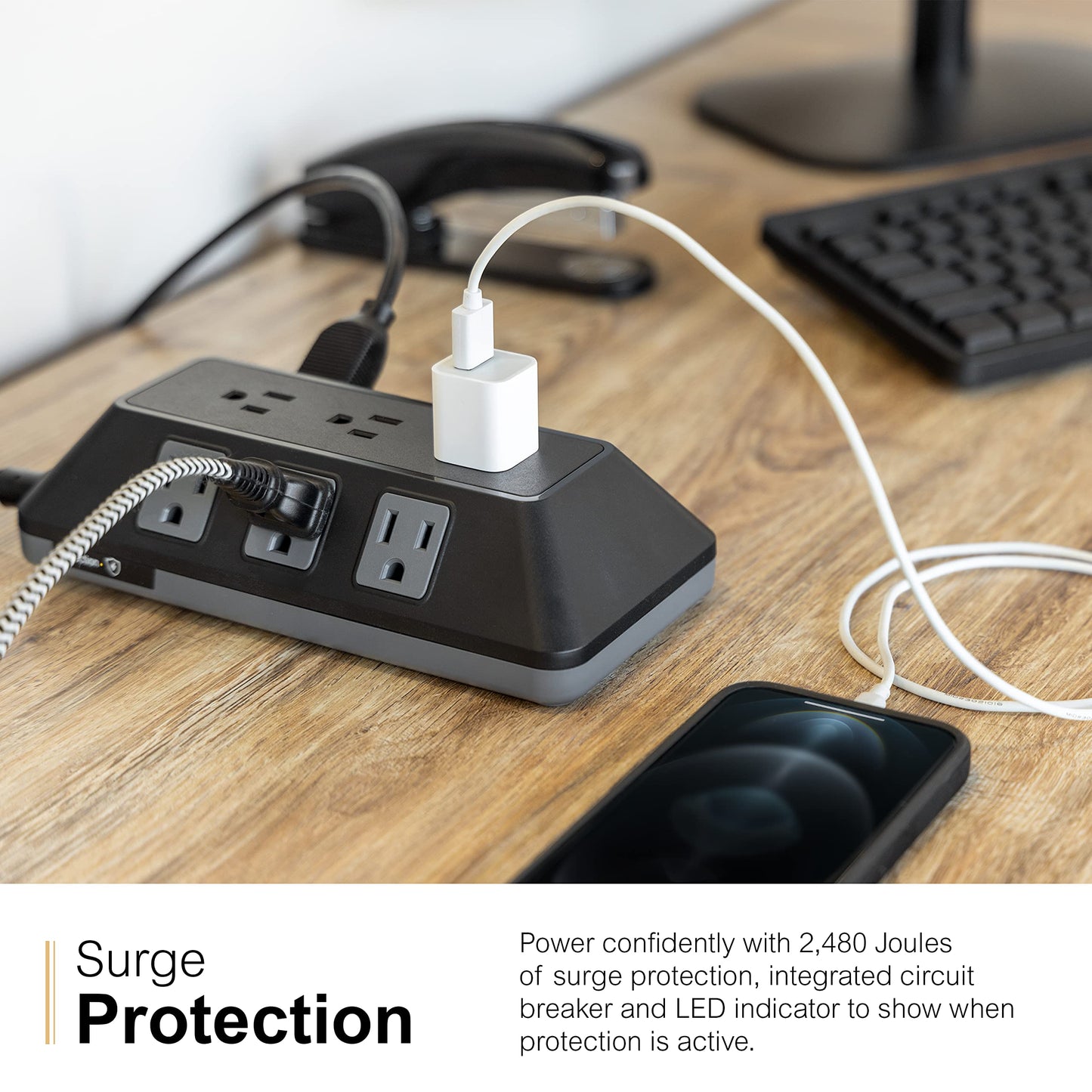 GE UltraPro Adapt - Protector de sobretensiones de 9 Tomas, Cable Trenzado de 8 pies, Protector de sobretensión, Tira de alimentación de protección contra sobretensión, 2480 Julios, Negro, 73774