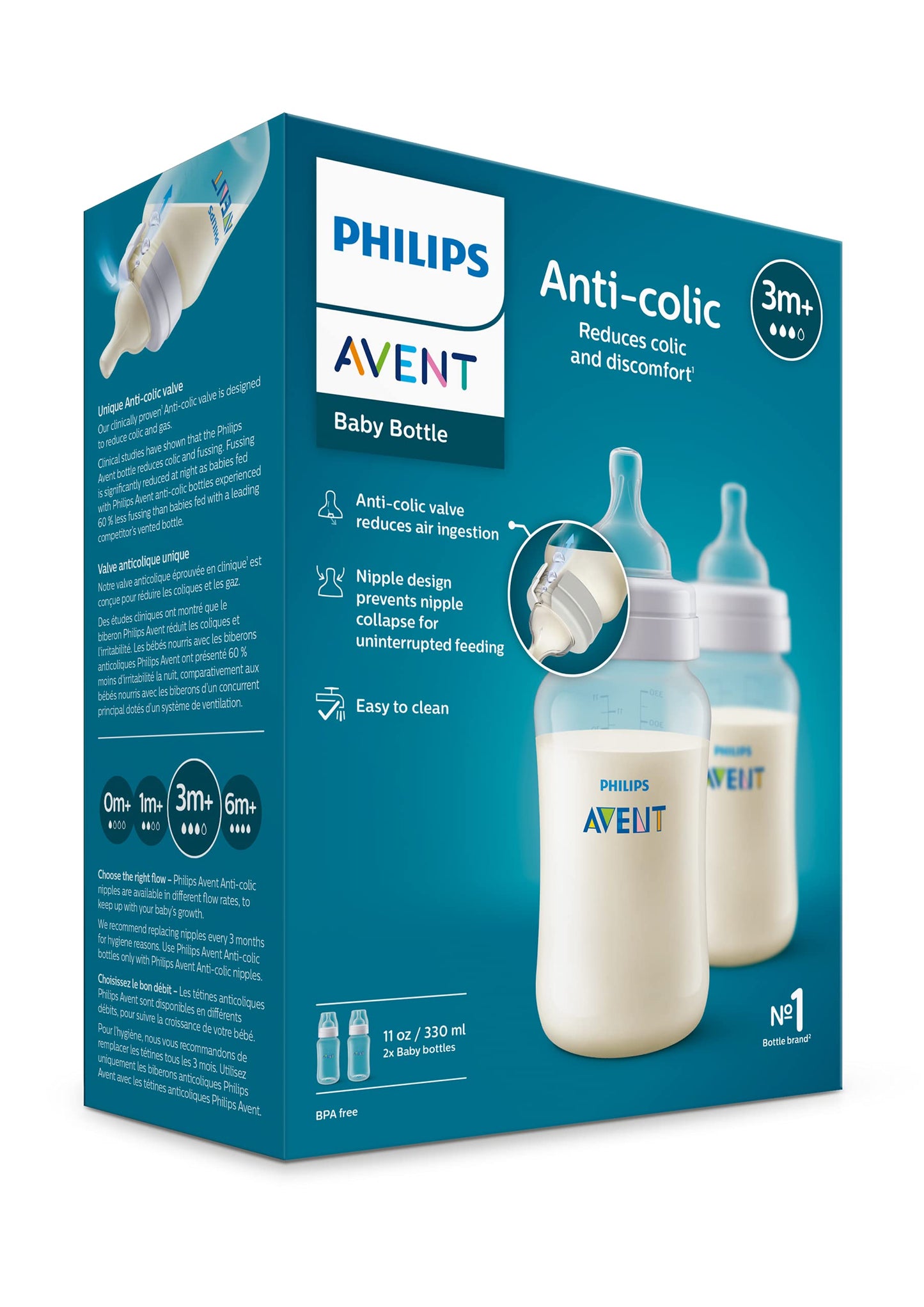 Biberones Anticólicos Philips Avent 11 Onzas con Flujo 3 Pezones 3 Meses Más 2 Unidades