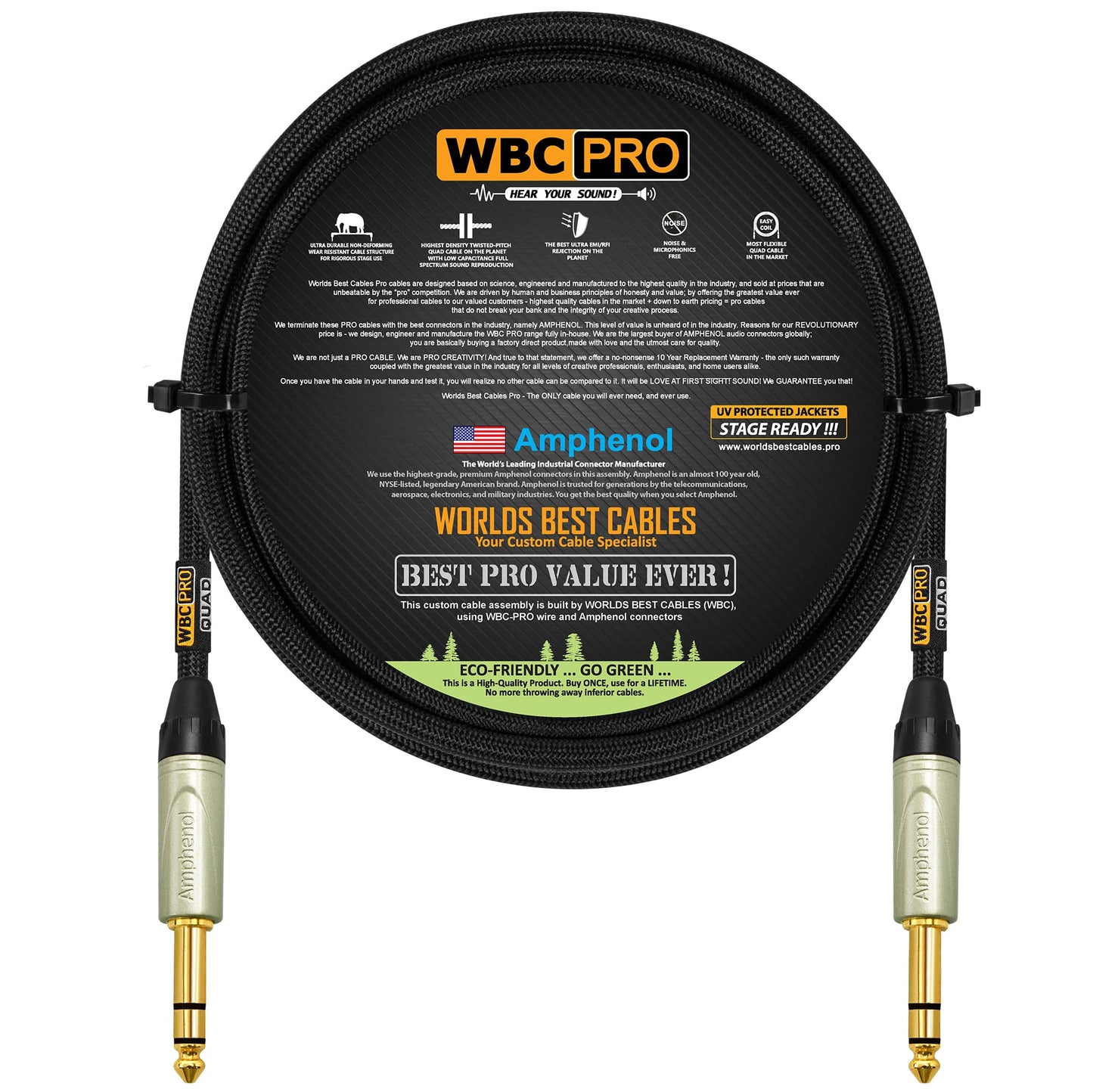 Cable estéreo TRS WBC-PRO-Quad negro flexible ultra silencioso con conectores Amphenol oro 6,35 mm