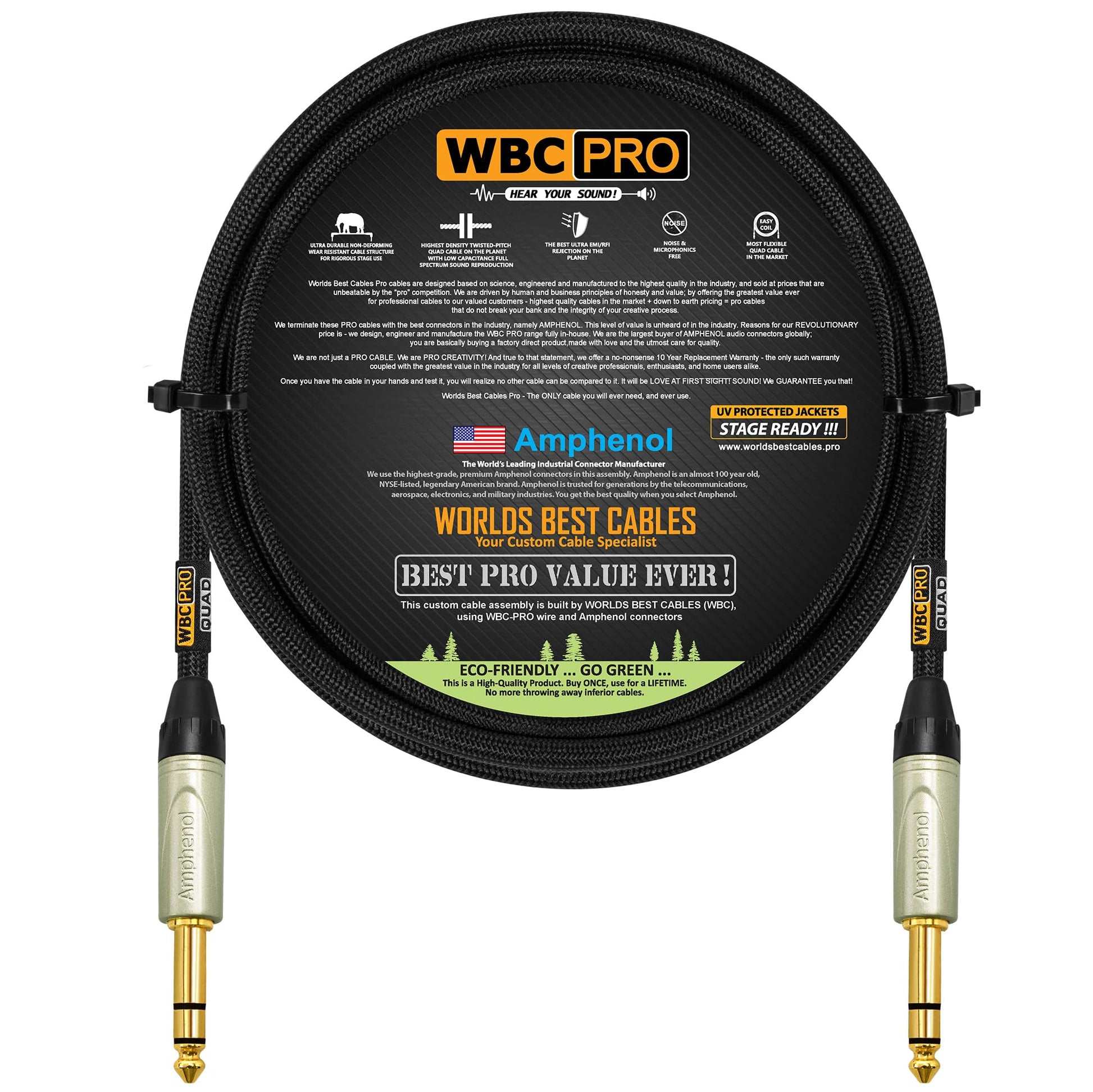 Cable estéreo TRS WBC-PRO-Quad negro flexible ultra silencioso con conectores Amphenol oro 6,35 mm