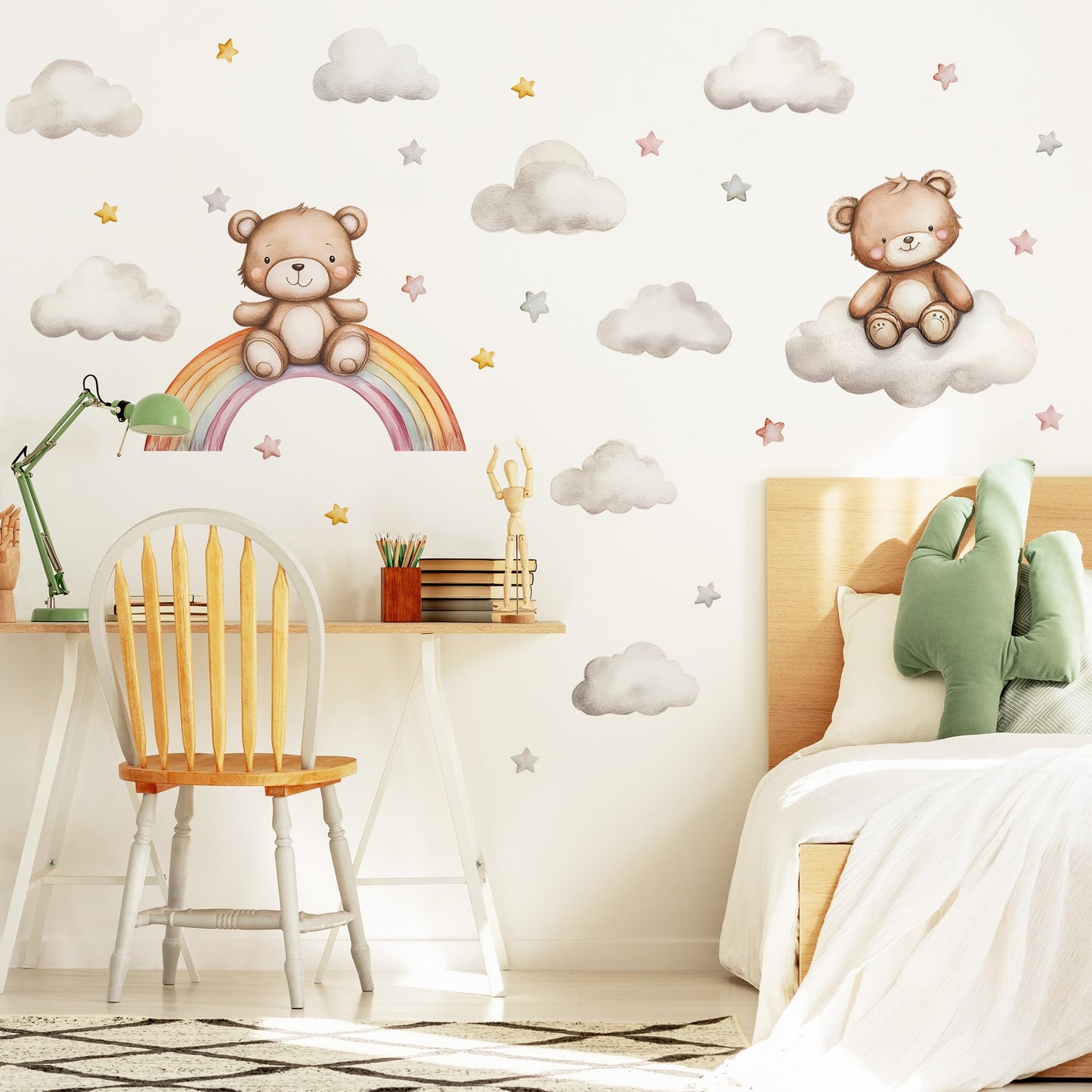Calcomanías de pared de oso de peluche, pegatinas de pared de oso de dibujos animados, estrella de arco iris, para habitación de niños, habitación de bebé, habitación de bebé, decoración de cuarto de