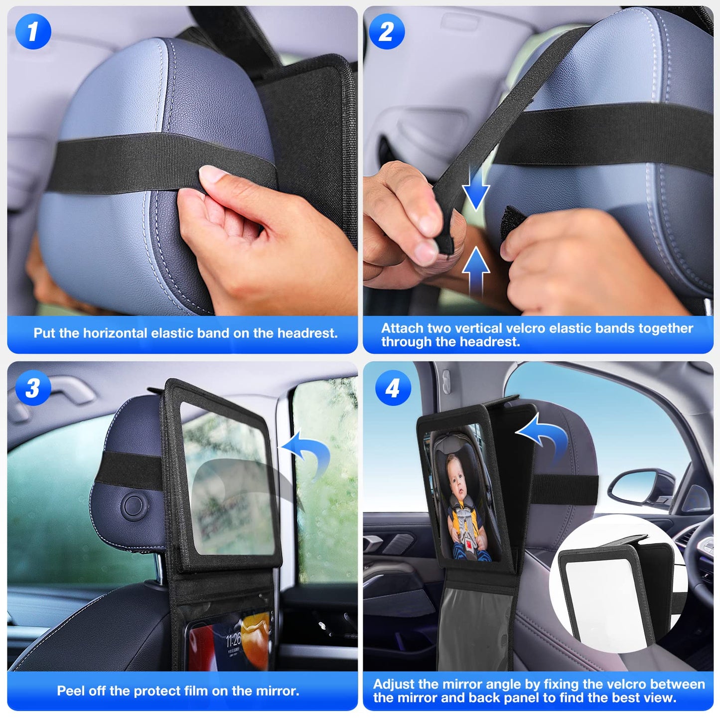 Brislut - Espejo de coche para bebé con soporte ajustable para tabletas, artículos esenciales de viaje por carretera para niños, espejo del asiento trasero para ver la parte trasera del bebé, funda