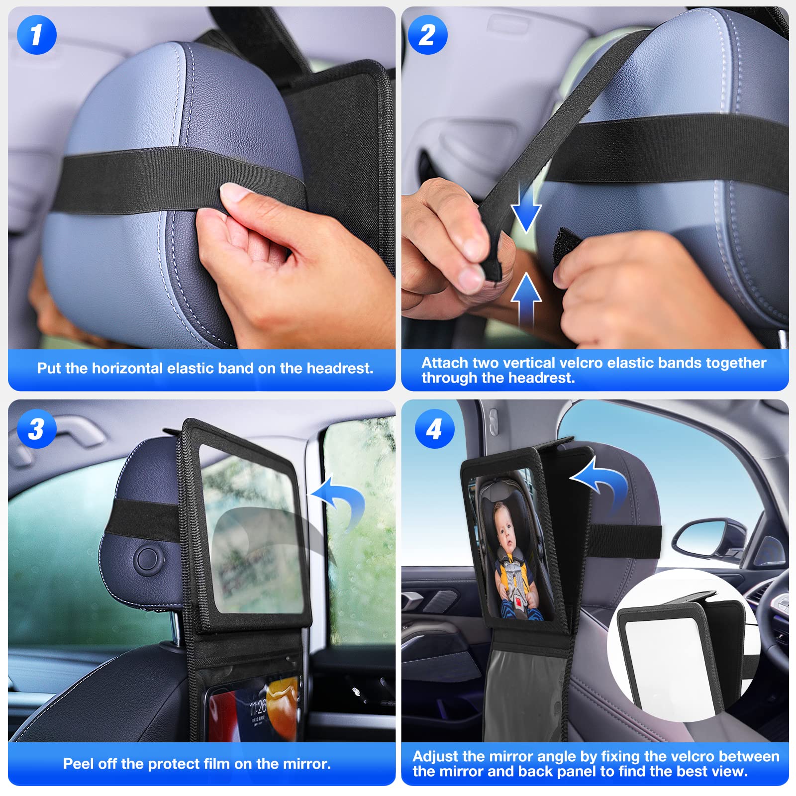 Brislut - Espejo de coche para bebé con soporte ajustable para tabletas, artículos esenciales de viaje por carretera para niños, espejo del asiento trasero para ver la parte trasera del bebé, funda