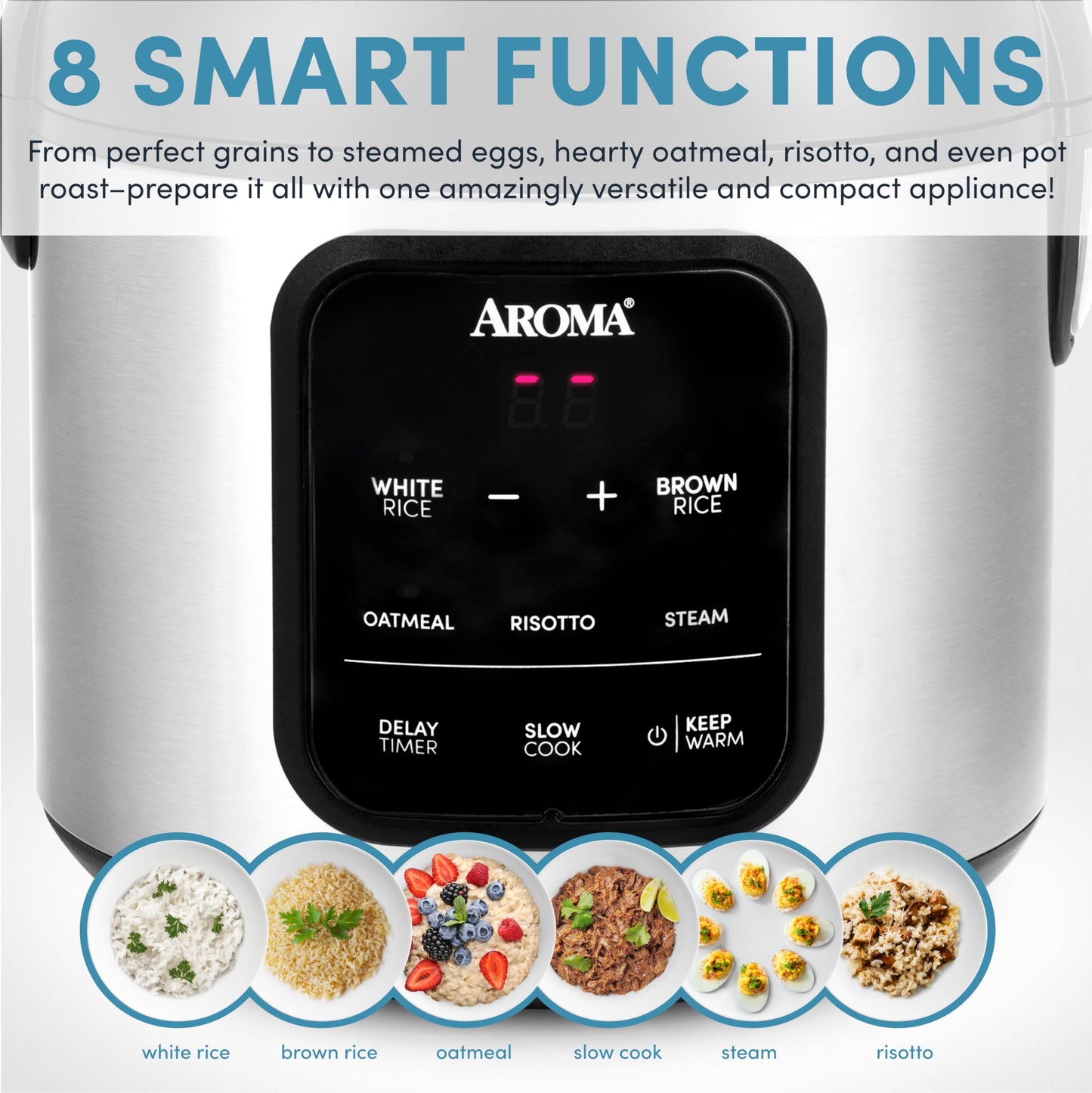 AROMA® - Arrocera digital, 4 tazas (sin cocinar) / 8 tazas (cocida), vaporizador, multicocina, olla de avena, mantiene caliente automáticamente, 2 cuartos de galón, exterior de acero inoxidable